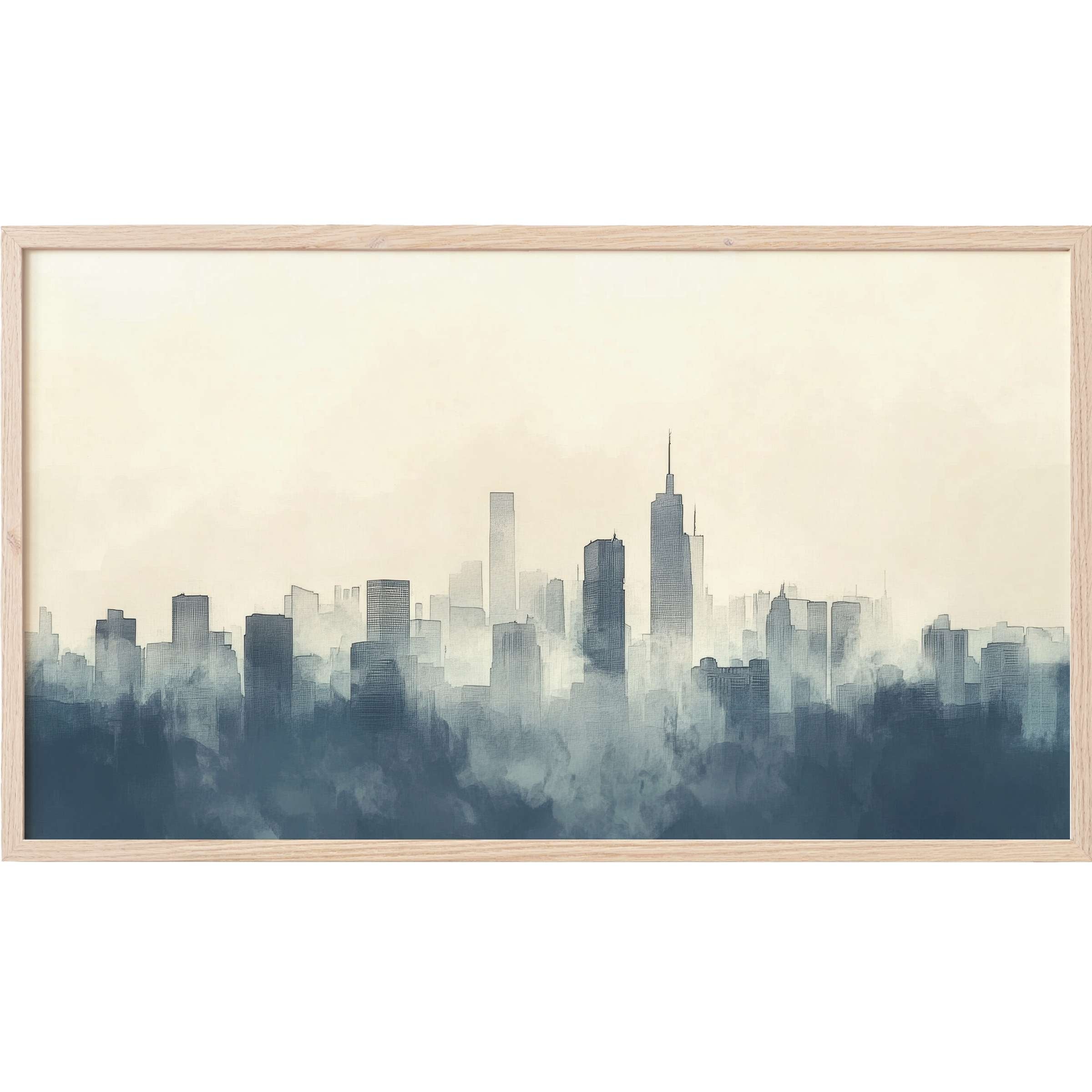 Misty cityscape in muted blues and beige tones with soft edges, perfect neutral Frame TV Art for modern interiors