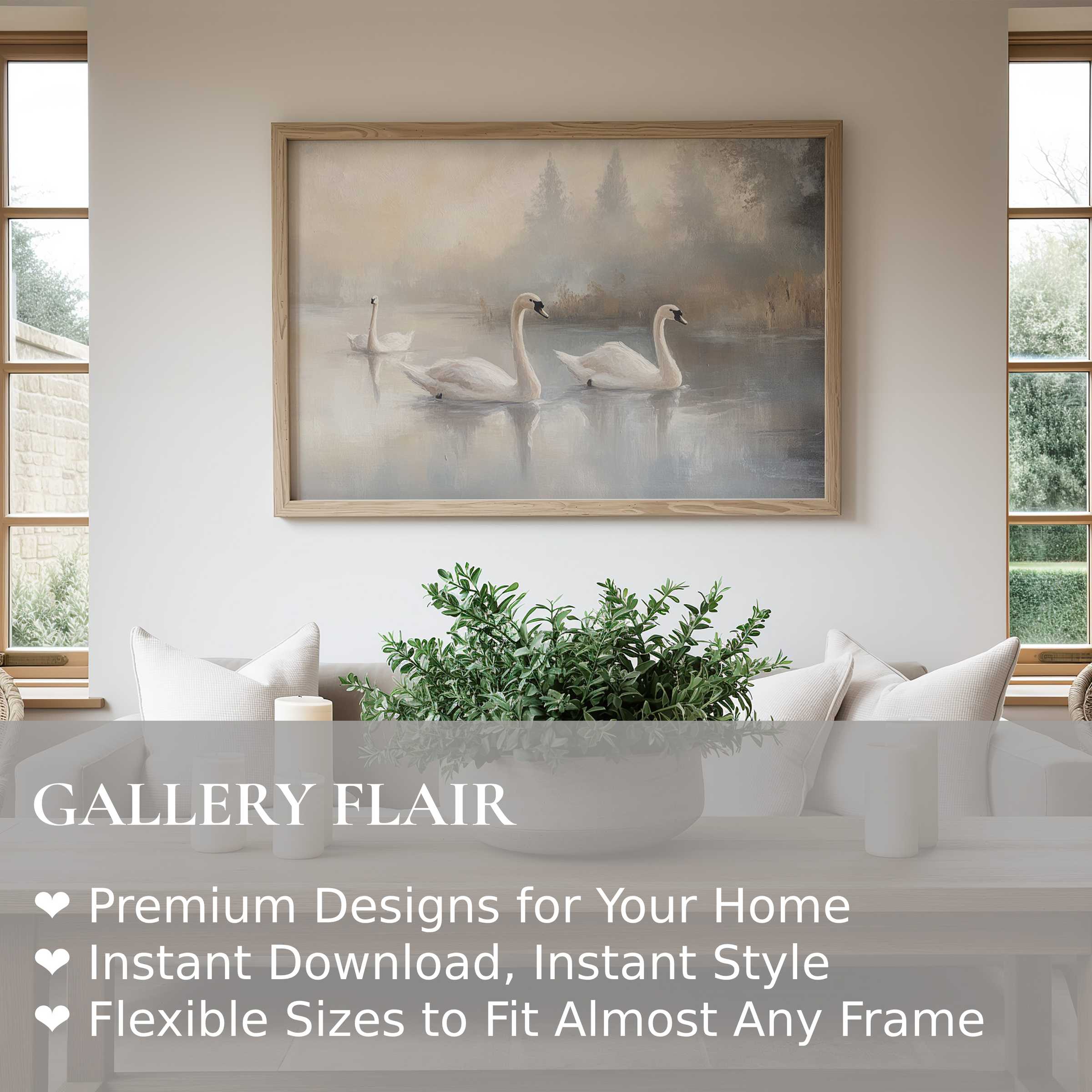 Vintage wall art print of serene swans gliding on a misty lake, enhancing calm, elegant modern farmhouse interiors with soft, natural hues