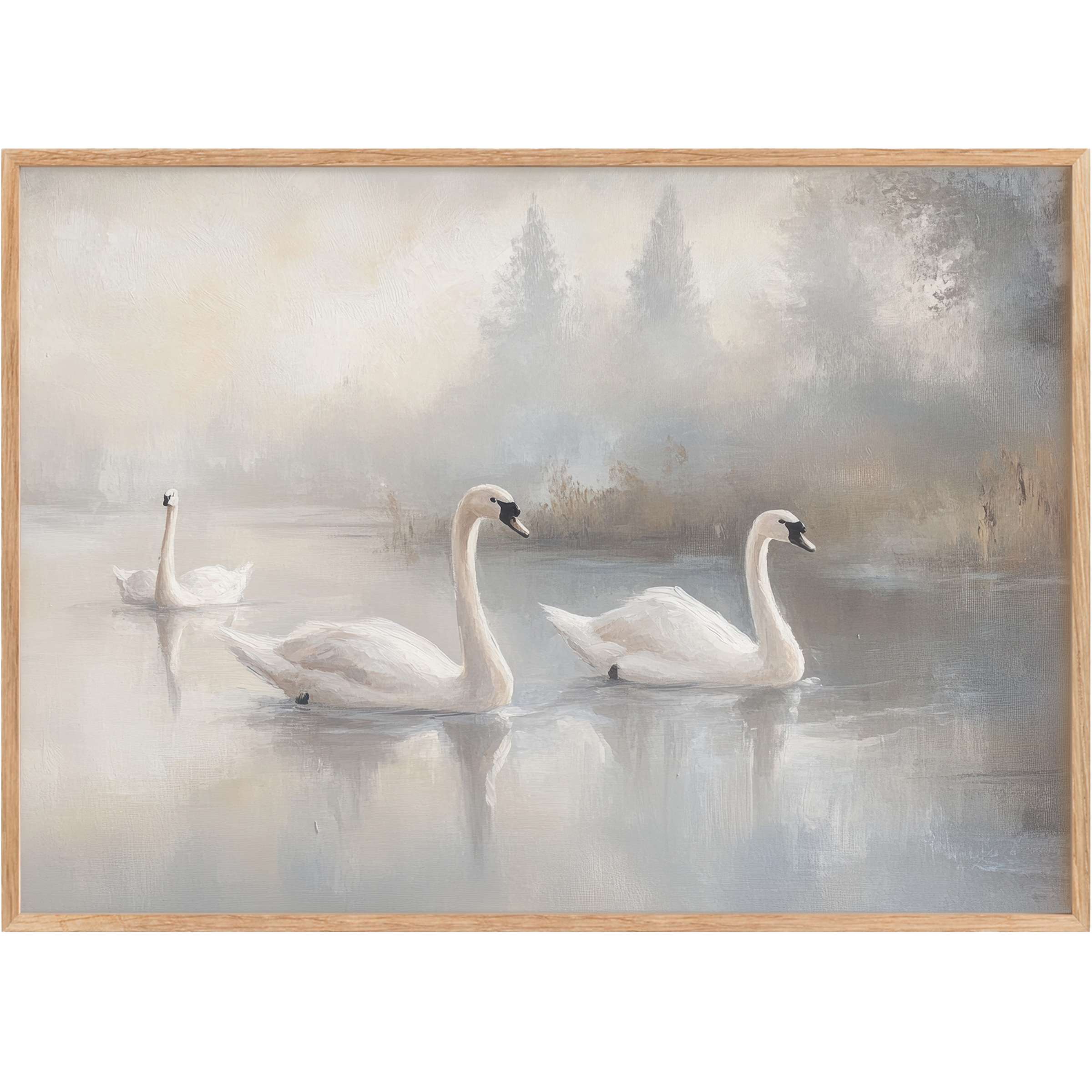 Graceful swans glide through misty waters in serene grey and soft cream tones, a vintage printable wall art evoking tranquil elegance