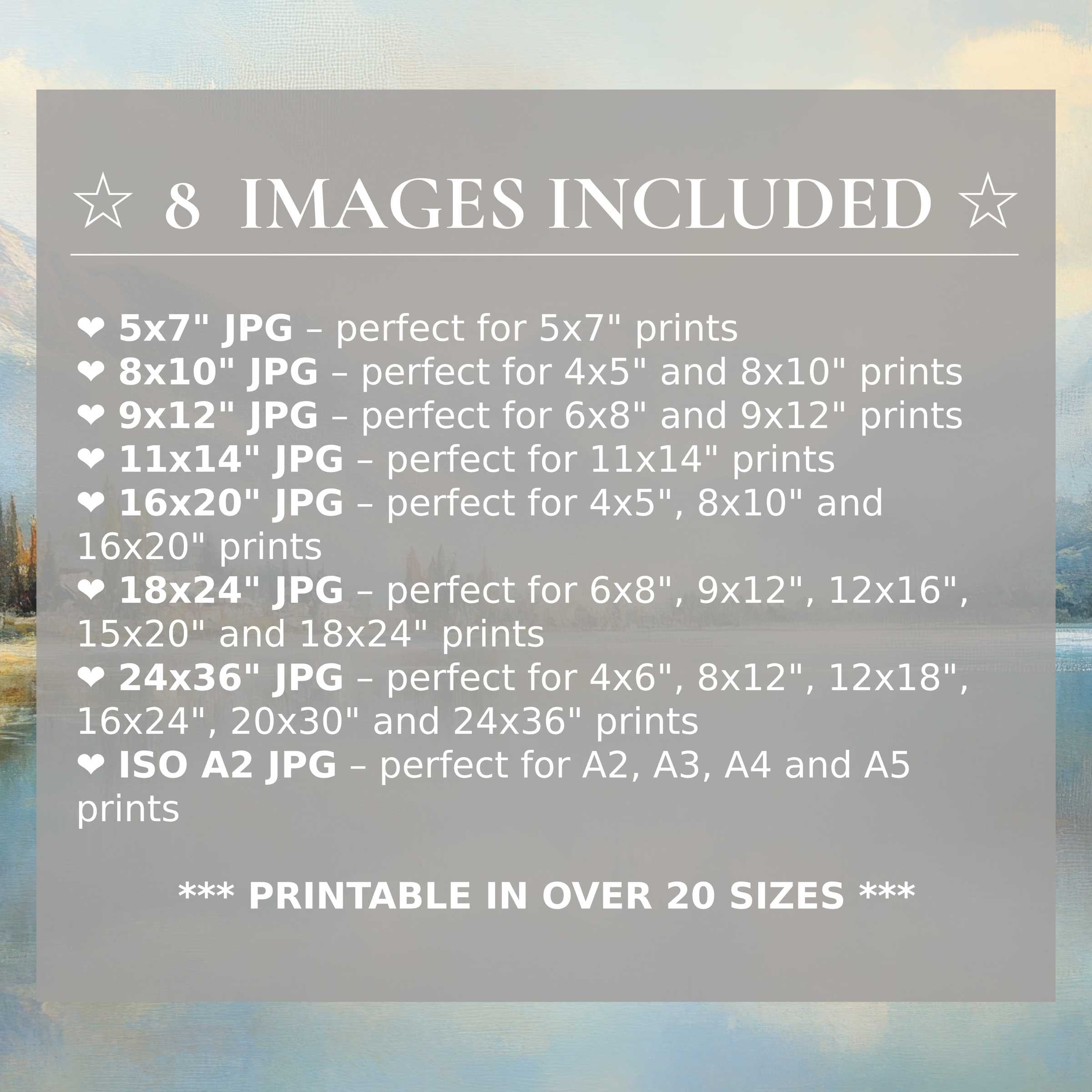 Radiant landscape digital print in serene blues and warm earth tones, enhancing modern interiors with 8 included premium sizes