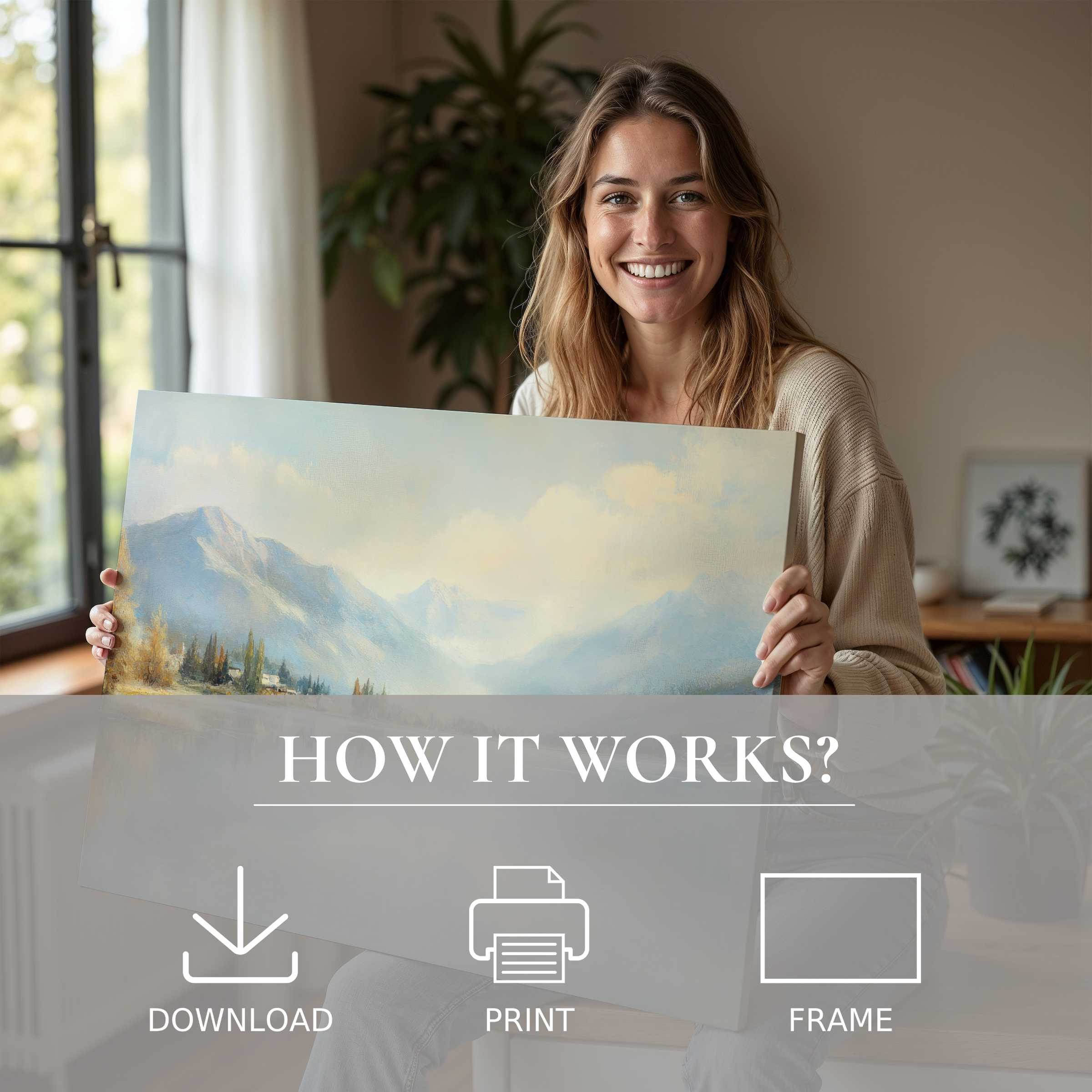 Warm natural light bathes a modern home where serene landscape digital art print inspires joy and elevates everyday living