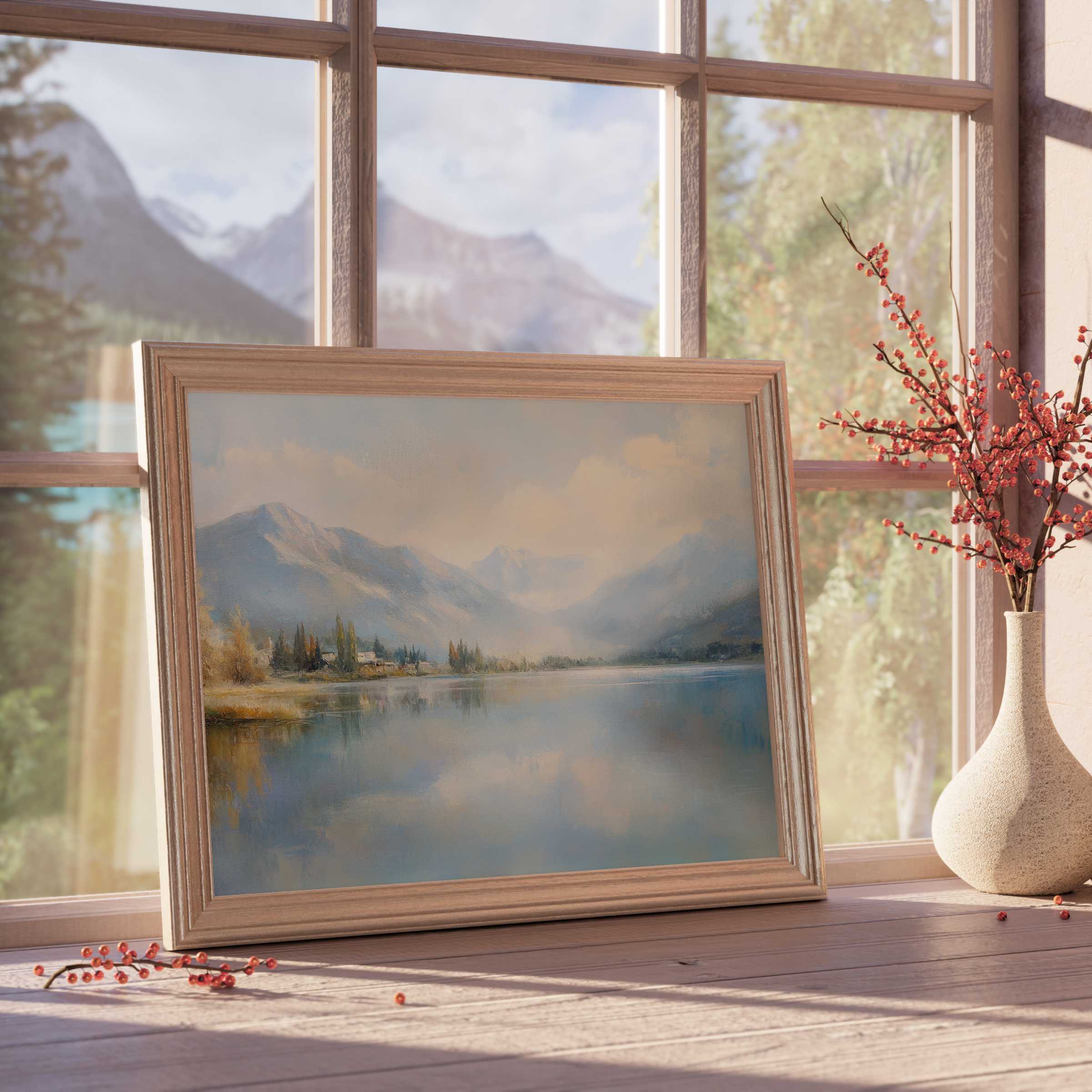 Serene landscape downloadable art capturing misty mountains and calm waters, perfect for elevating curated, tranquil interiors