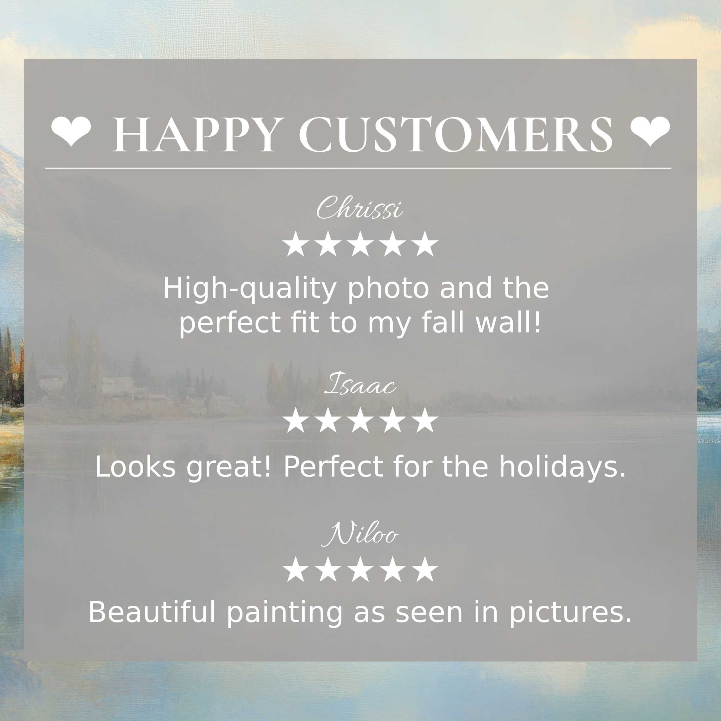 Happy customer reviews overlay elegant landscape art for Frame TV with soft, misty mountain lake background