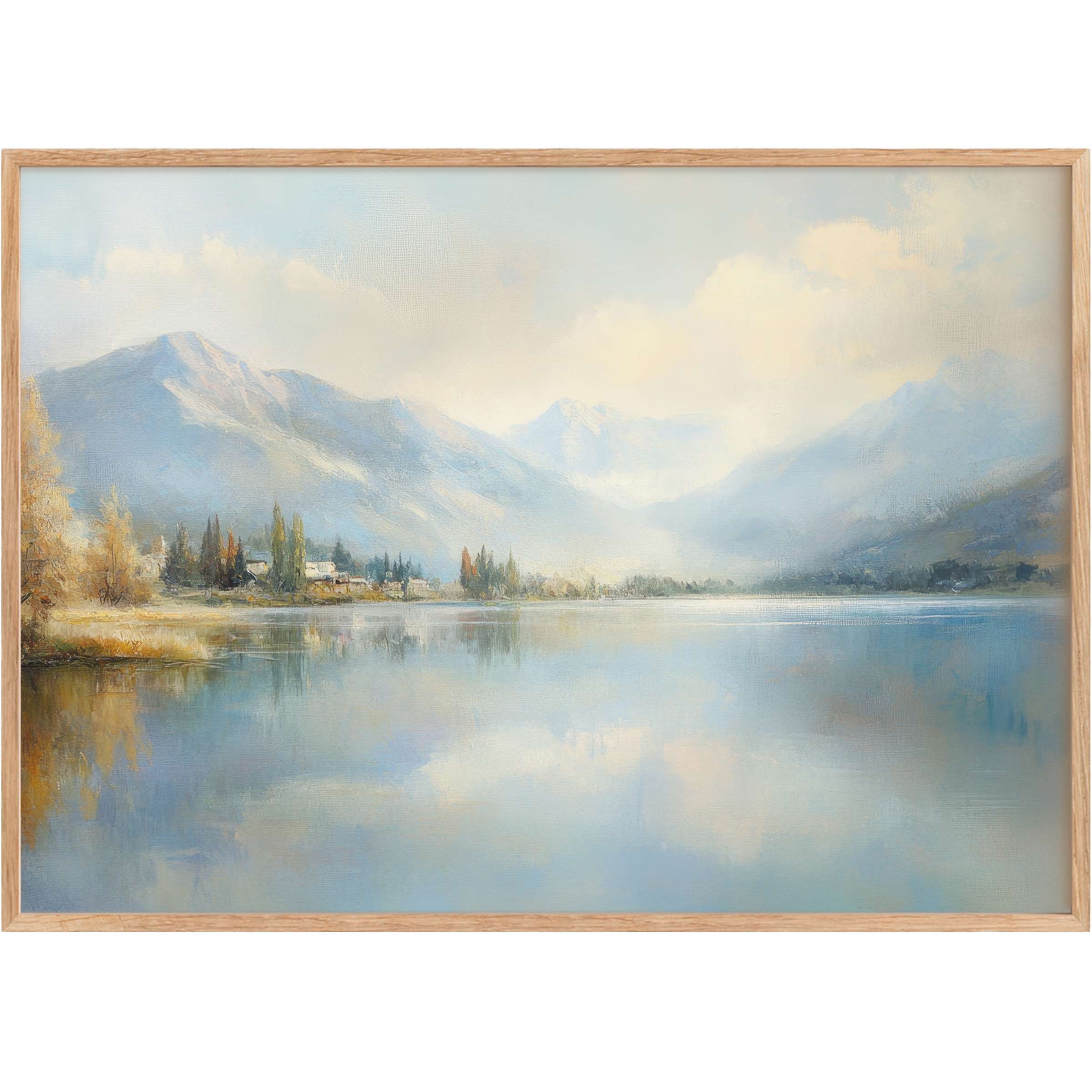 Serene landscape printable wall art featuring misty blue mountains and golden autumn trees, evoking calm elegance and tranquil beauty