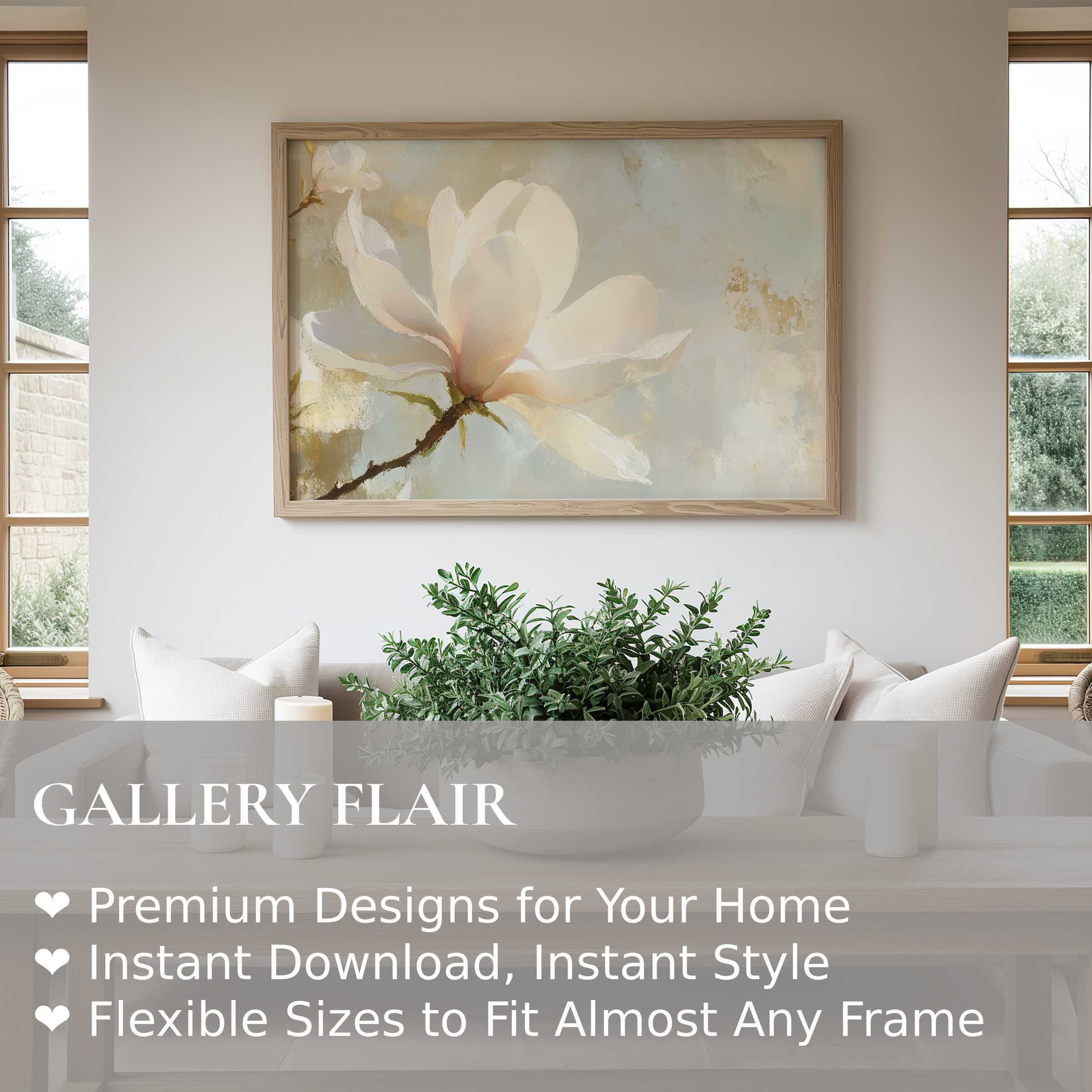 Elegant spring wall art print featuring a soft magnolia bloom in a serene, modern minimalist living space, radiating calm and refinement