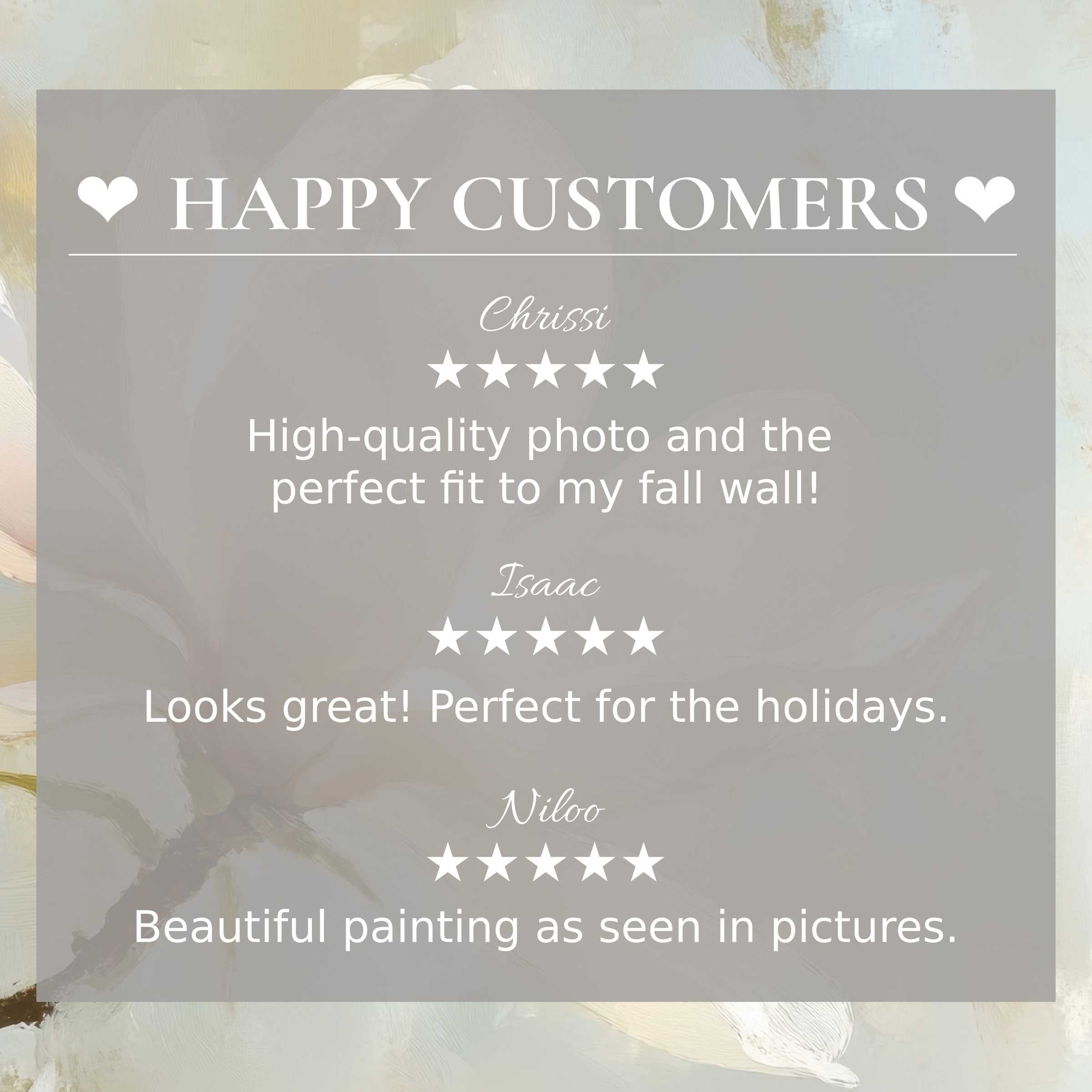 spring art for Frame TV with elegant muted floral background, showcasing happy customer reviews to build trust and style appeal