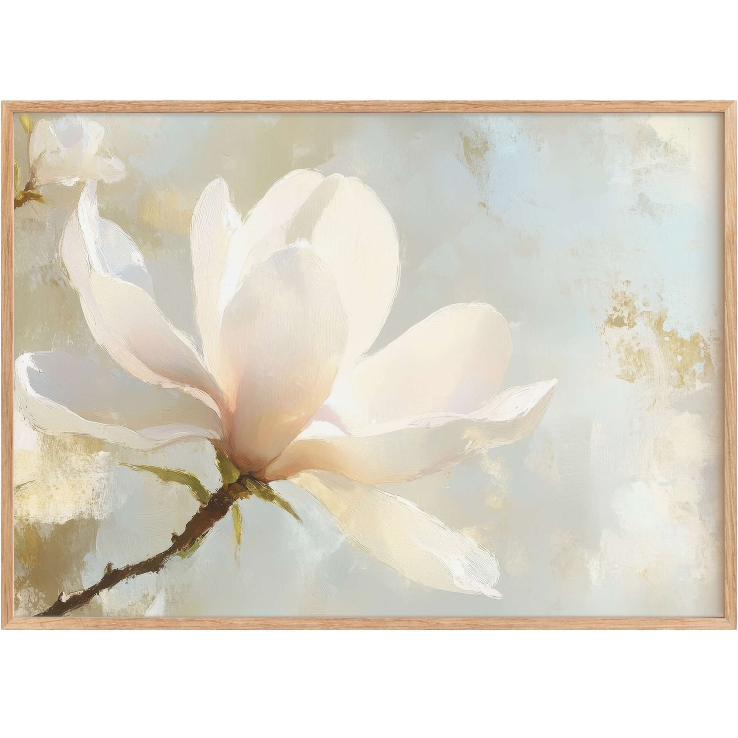 Elegant spring printable wall art featuring a luminous magnolia bloom in soft whites and muted greens, evoking serene, timeless grace