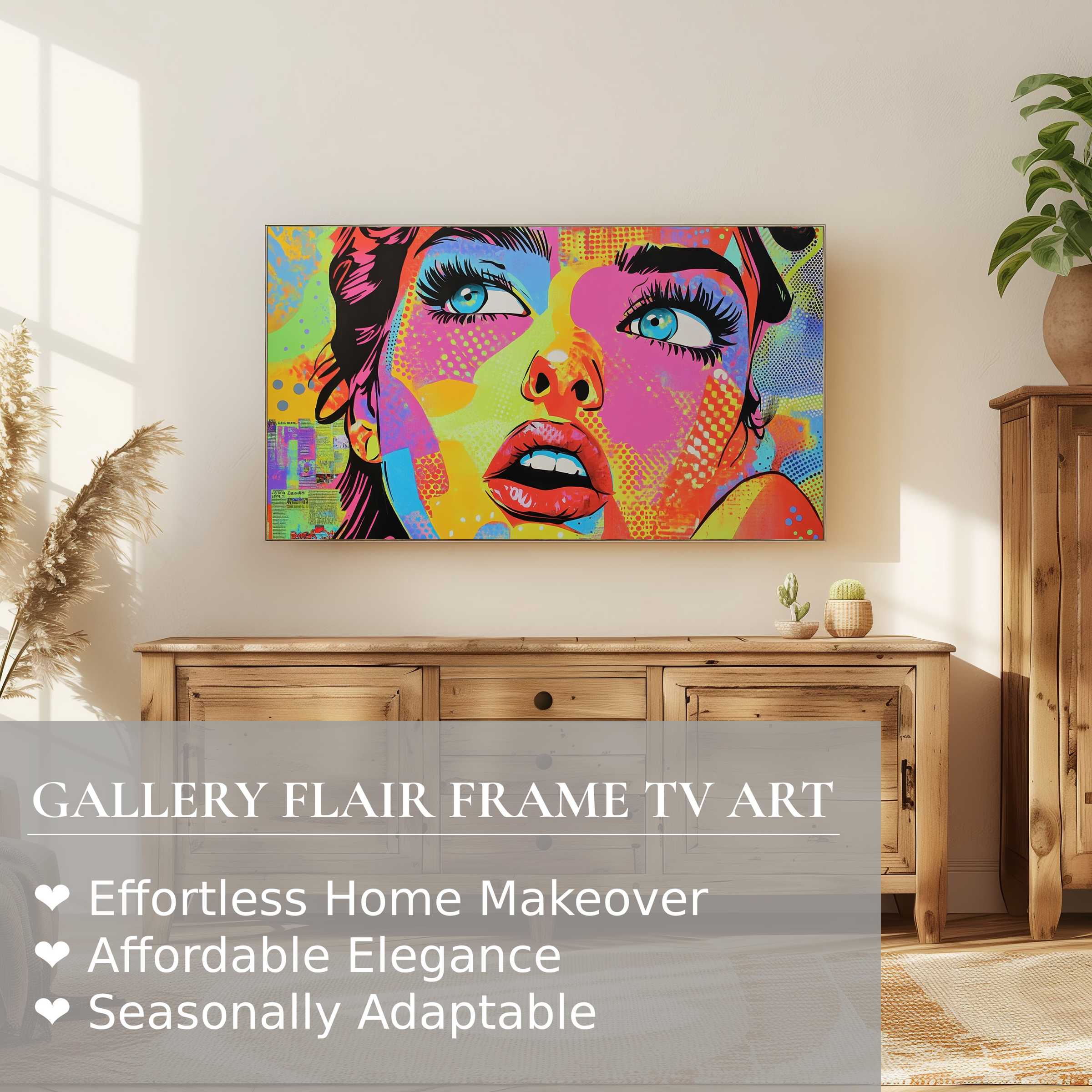 Vibrant pop art digital artwork displayed on Samsung Frame TV in a warm, minimalist interior with natural wood tones