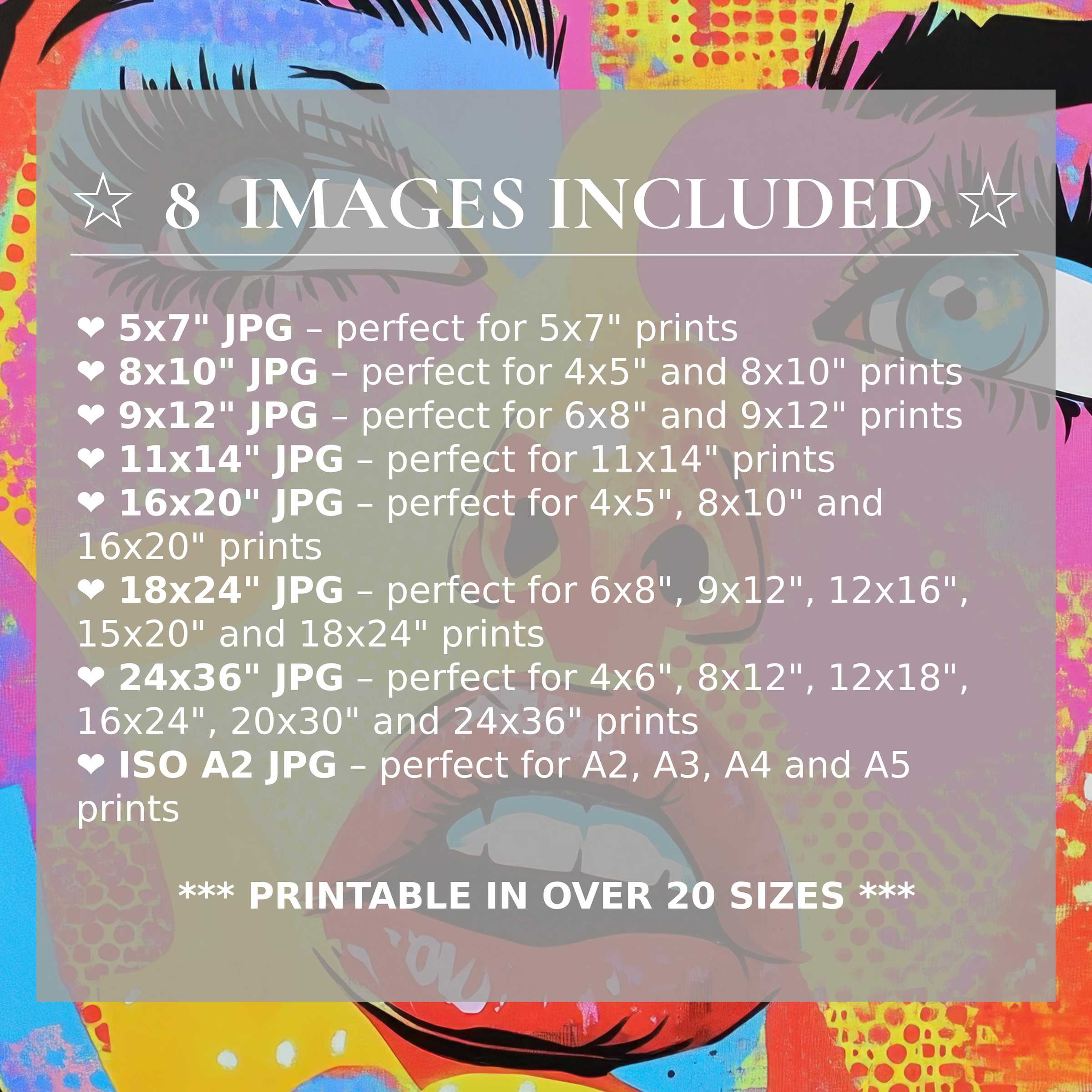 Pop art digital print radiates bold reds, blues, and yellows, enriching modern interiors with style Includes 8 high-quality sizes for versatile, impactful décor