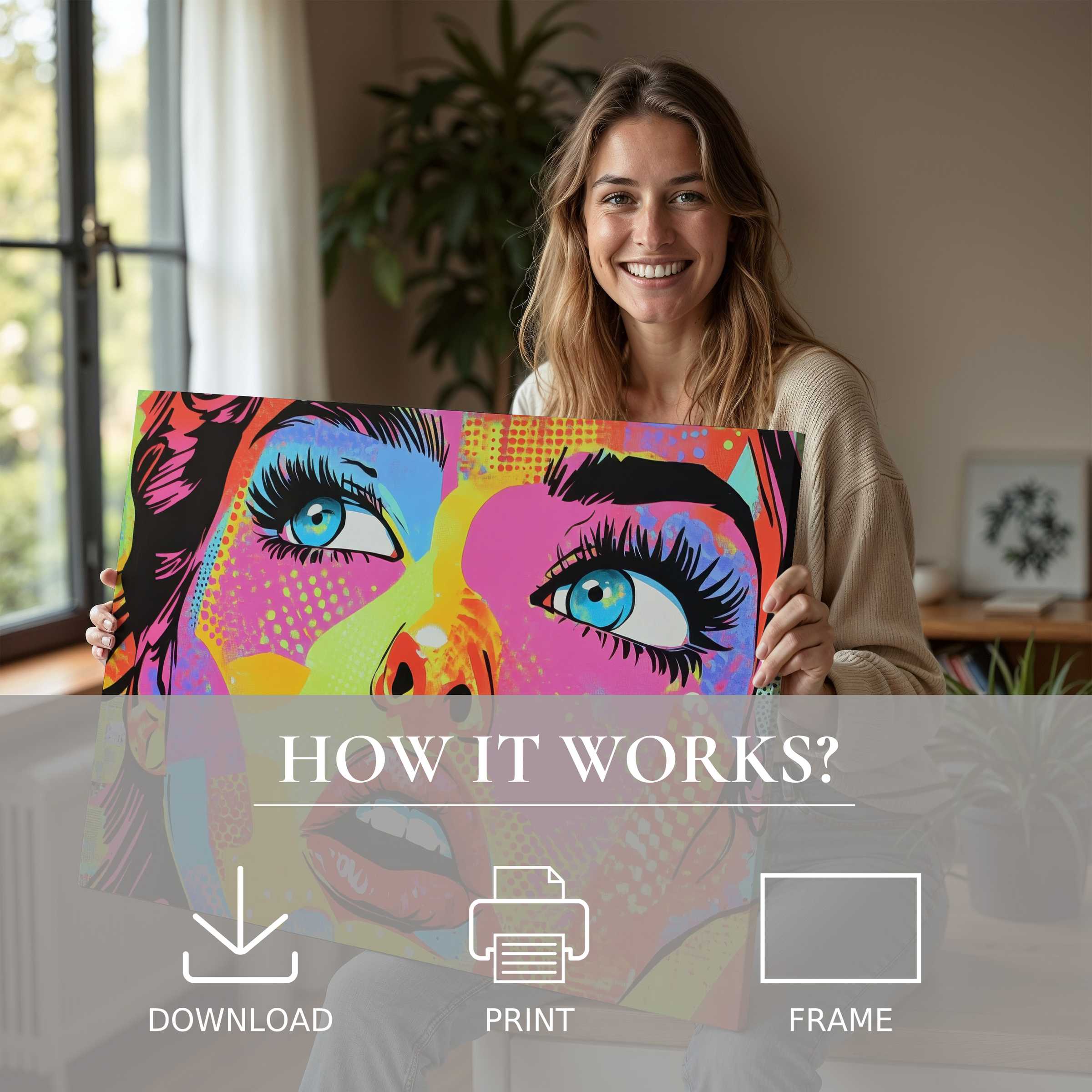Contemporary pop art digital art print ignites joy and connection in a serene modern home, inspiring effortless elegance