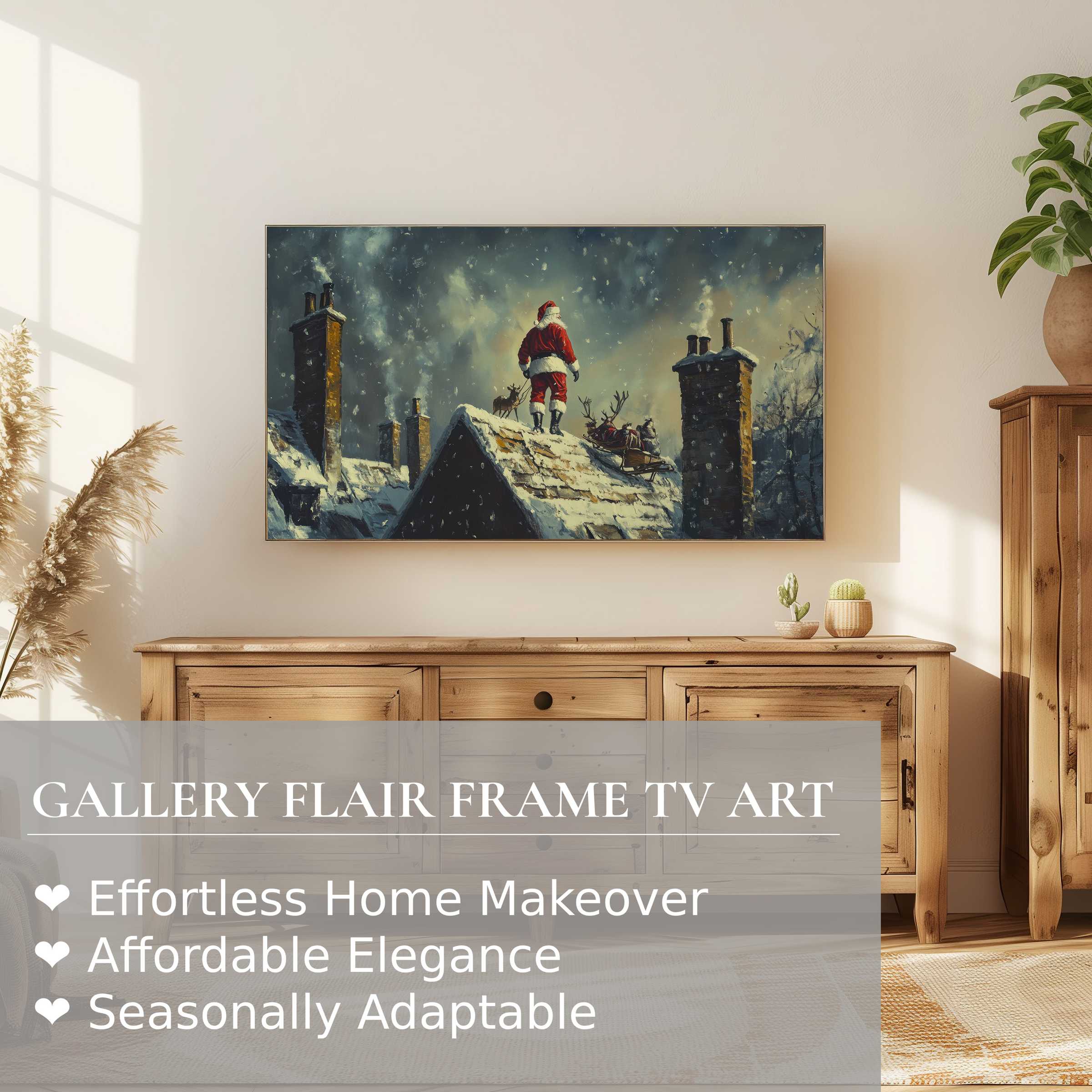 Elegant Samsung Frame TV displays cozy Christmas digital artwork with Santa on snowy rooftops in a modern warm living room