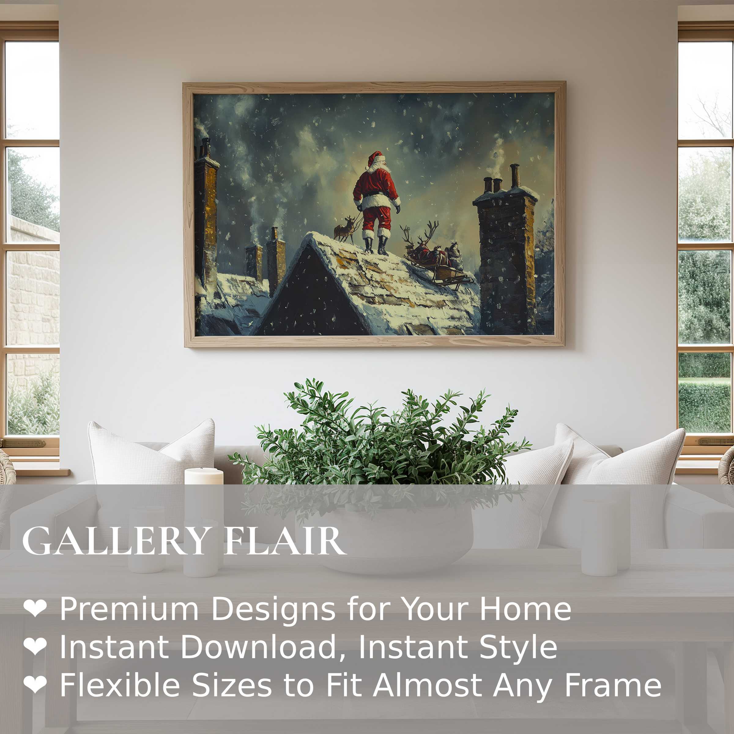 Christmas wall art print featuring Santa on a snowy rooftop, evoking nostalgic warmth in a serene, modern living space
