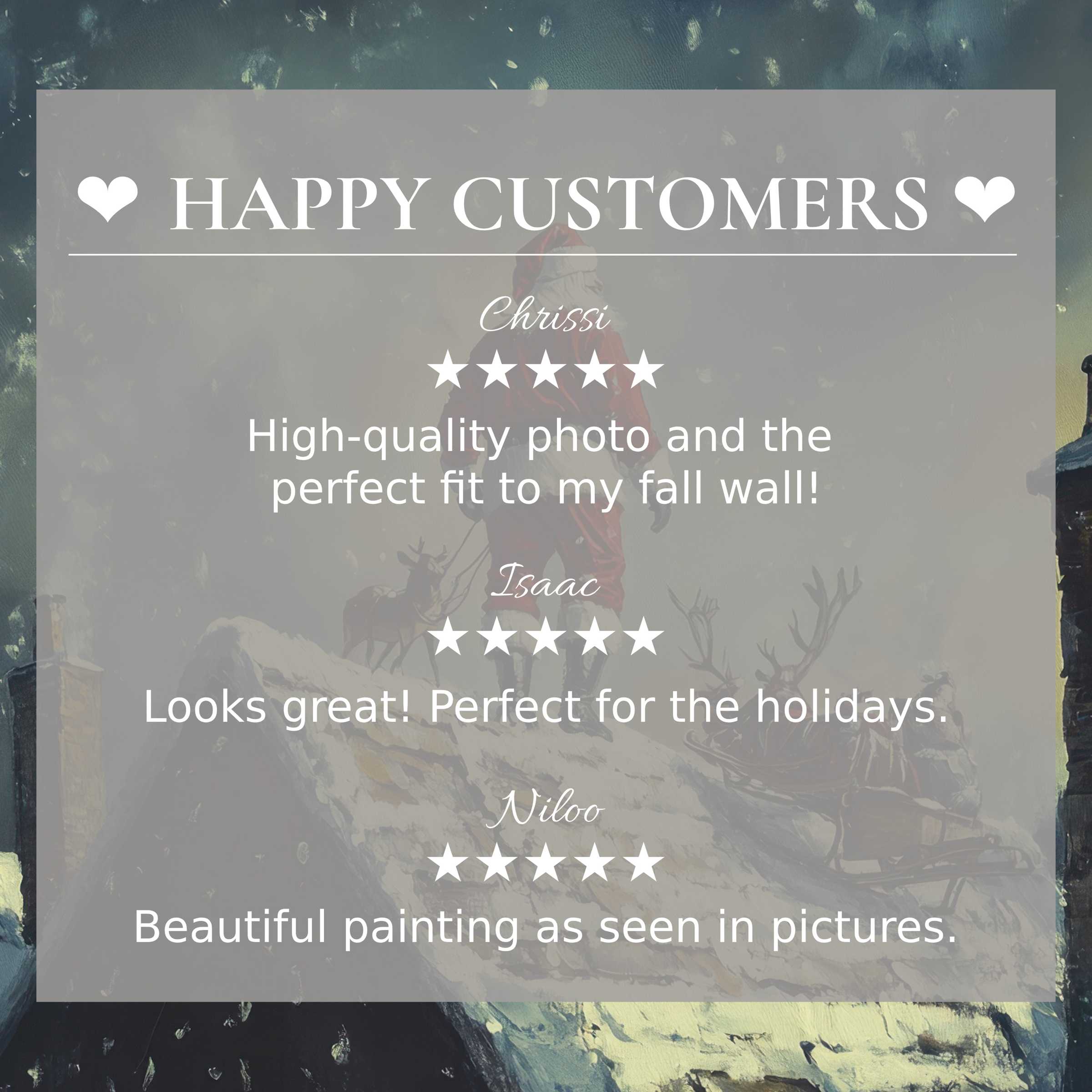 Elegant christmas art for Frame TV with a muted snowy scene and happy customer reviews building trust