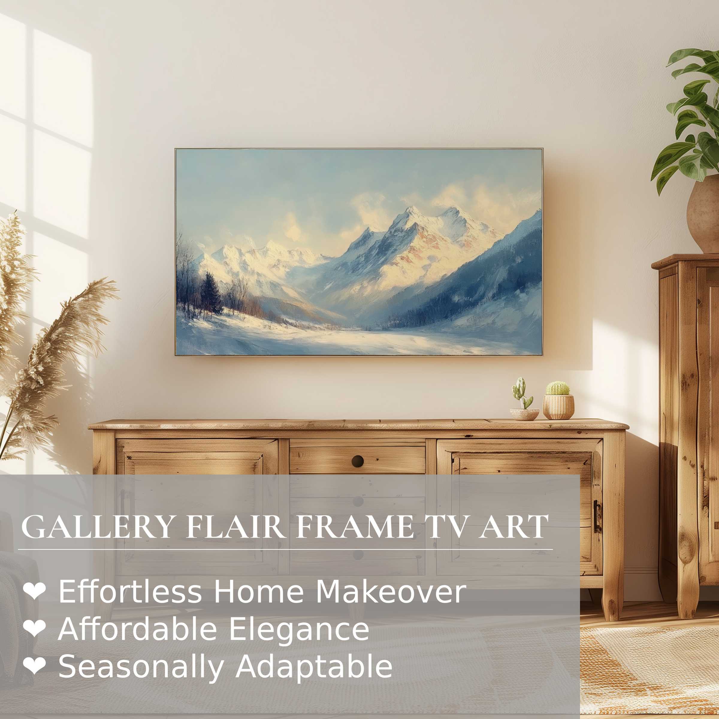 Samsung Frame TV displaying serene winter digital artwork, modern rustic setting, perfect for refined home decor