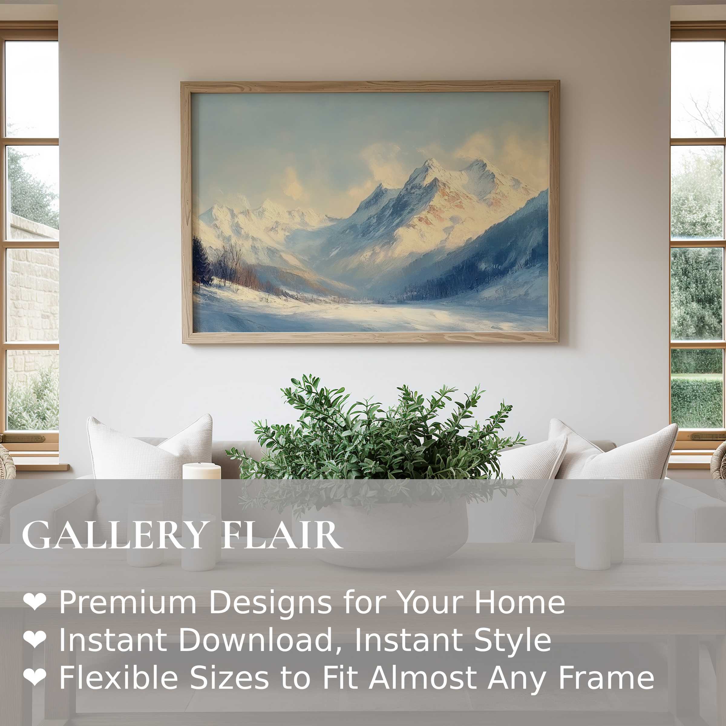 Winter wall art print showcasing serene snowy peaks with soft, calming hues, enhancing minimalist modern interiors with tranquil mountain charm