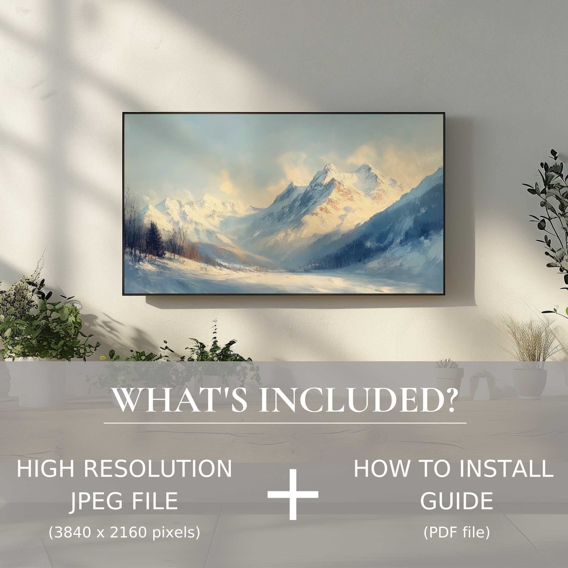 Elegant winter digital TV art download showcasing snowy mountains, perfect for easy decor enhancing any modern living space