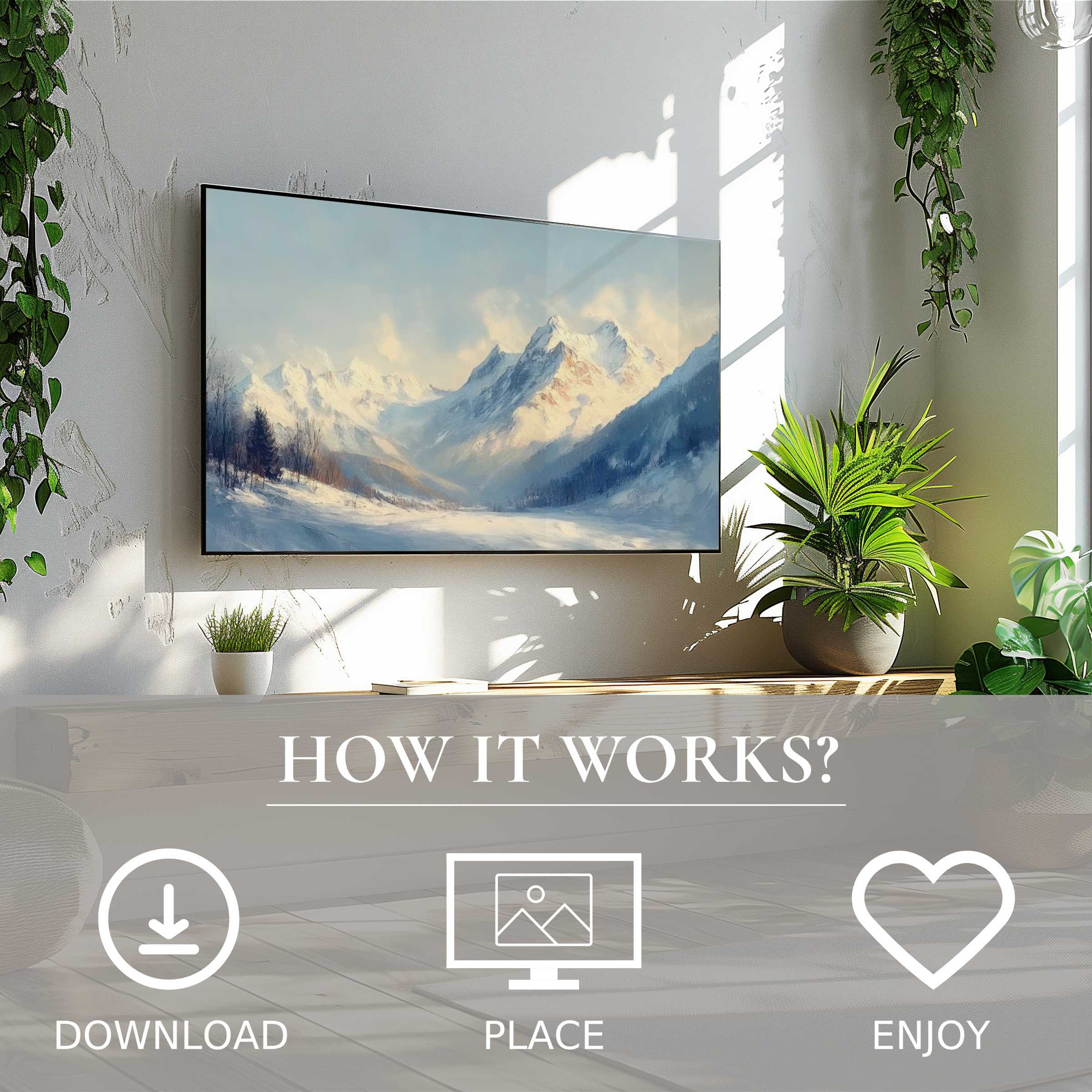 Winter art for Samsung TV: digital download of soft sunset tones mountain motif enriches modern living spaces