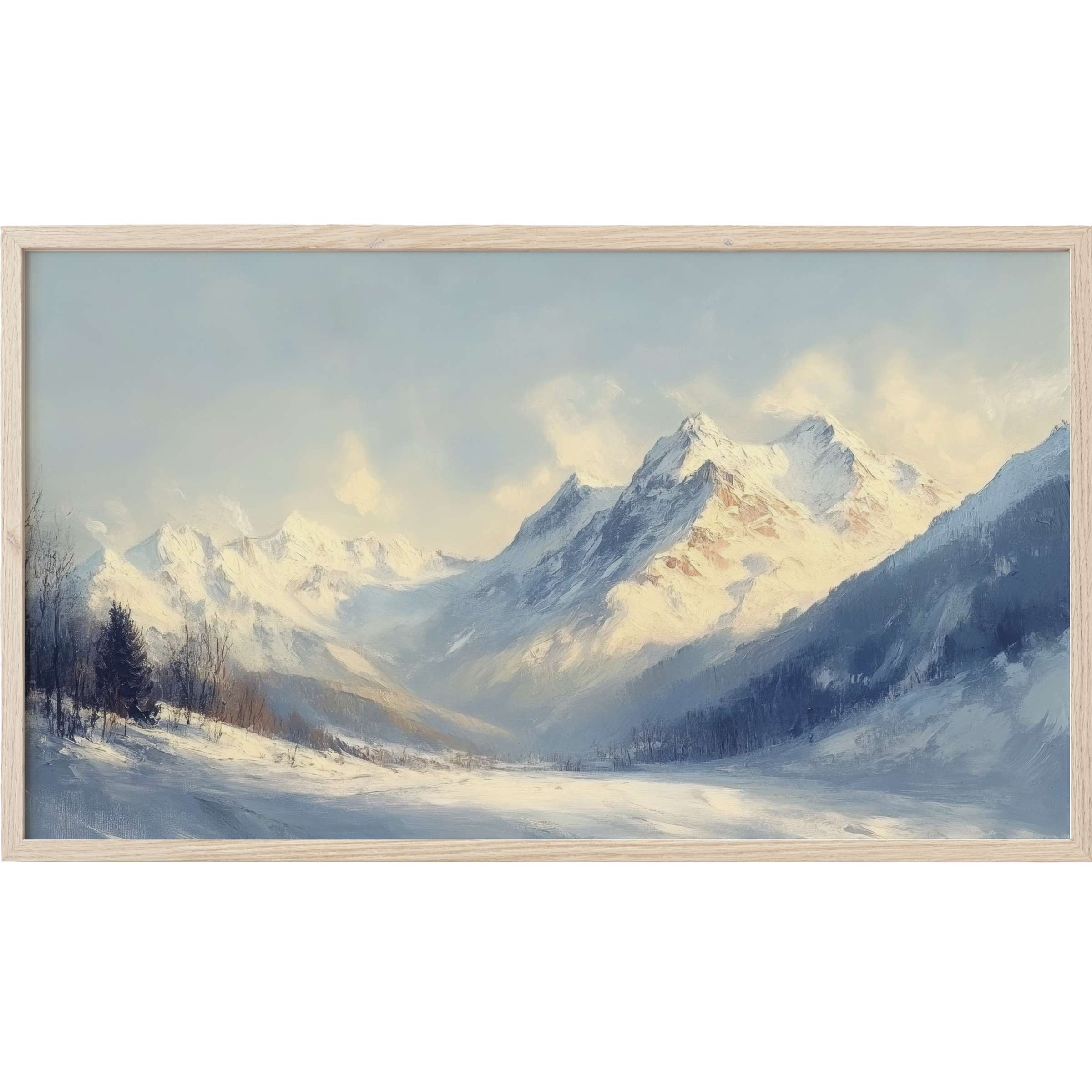 Elegant winter mountain landscape in soft blues and creams, a serene winter Frame TV Art with modern appeal