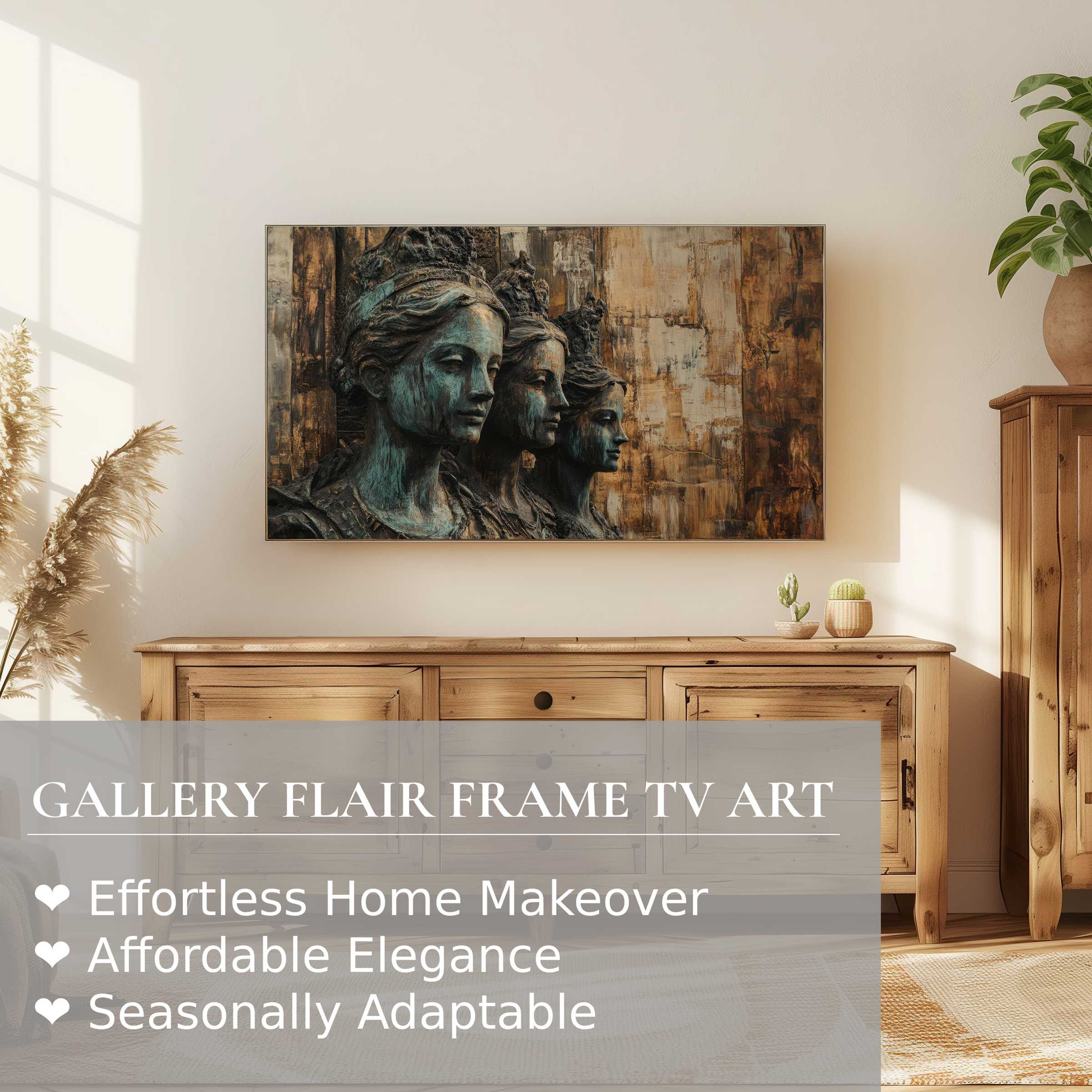 Samsung Frame TV displays boho digital artwork of vintage statues in a warm, elegant, sunlit living space