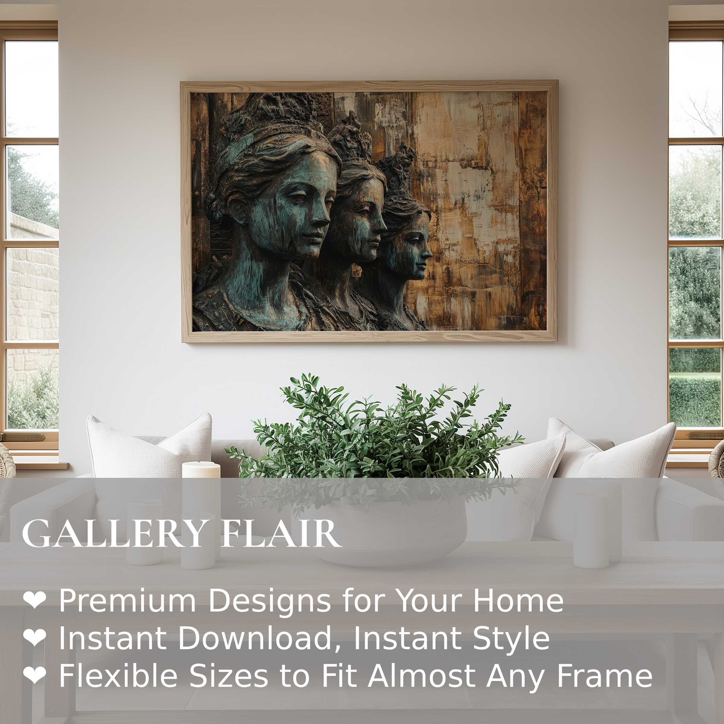 Boho wall art print featuring serene sculpted faces in earthy bronze and teal hues, adding timeless elegance to a modern minimalist living room