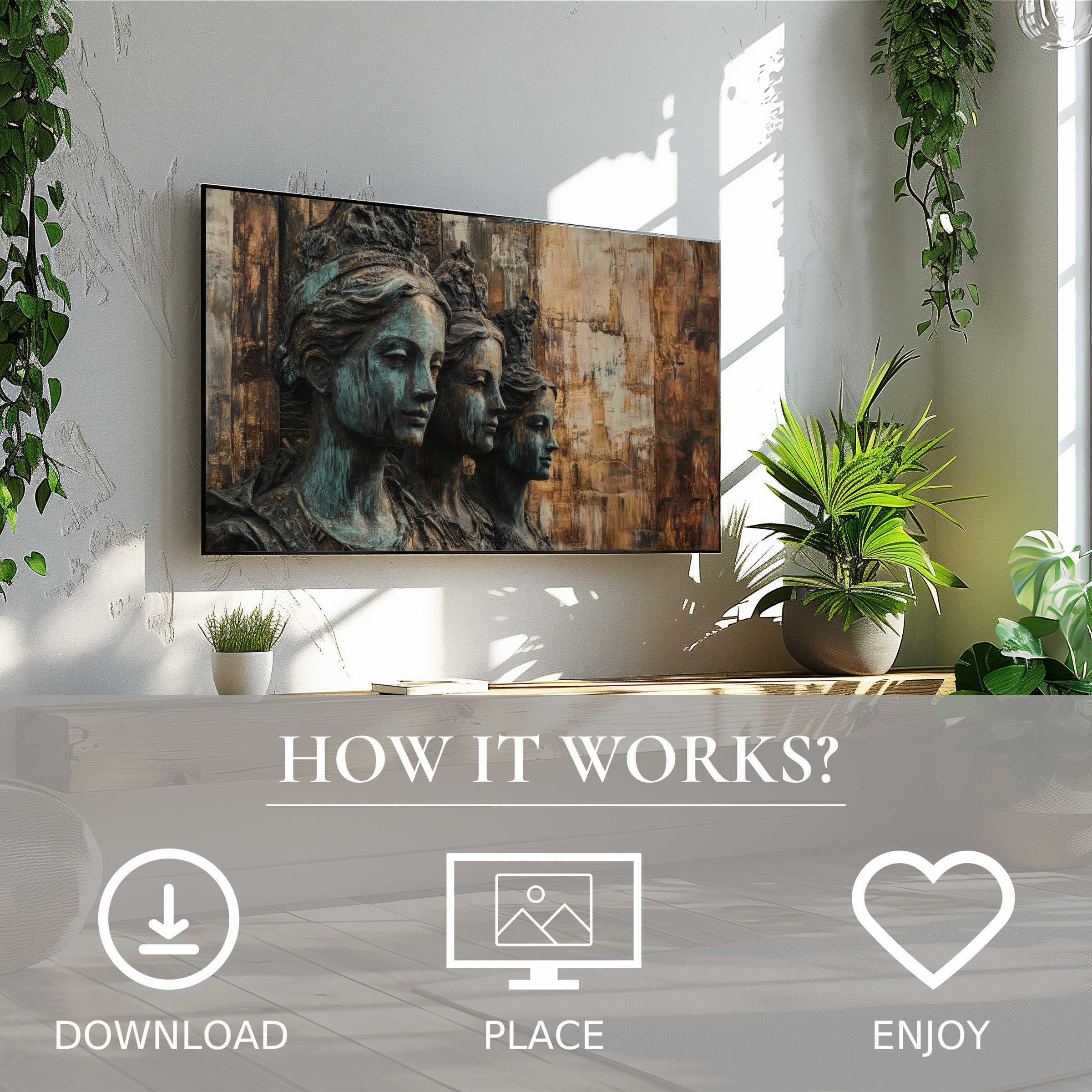Modern living room with boho art for Samsung TV, featuring serene bronze sculpture motifs; easy digital download enhances space