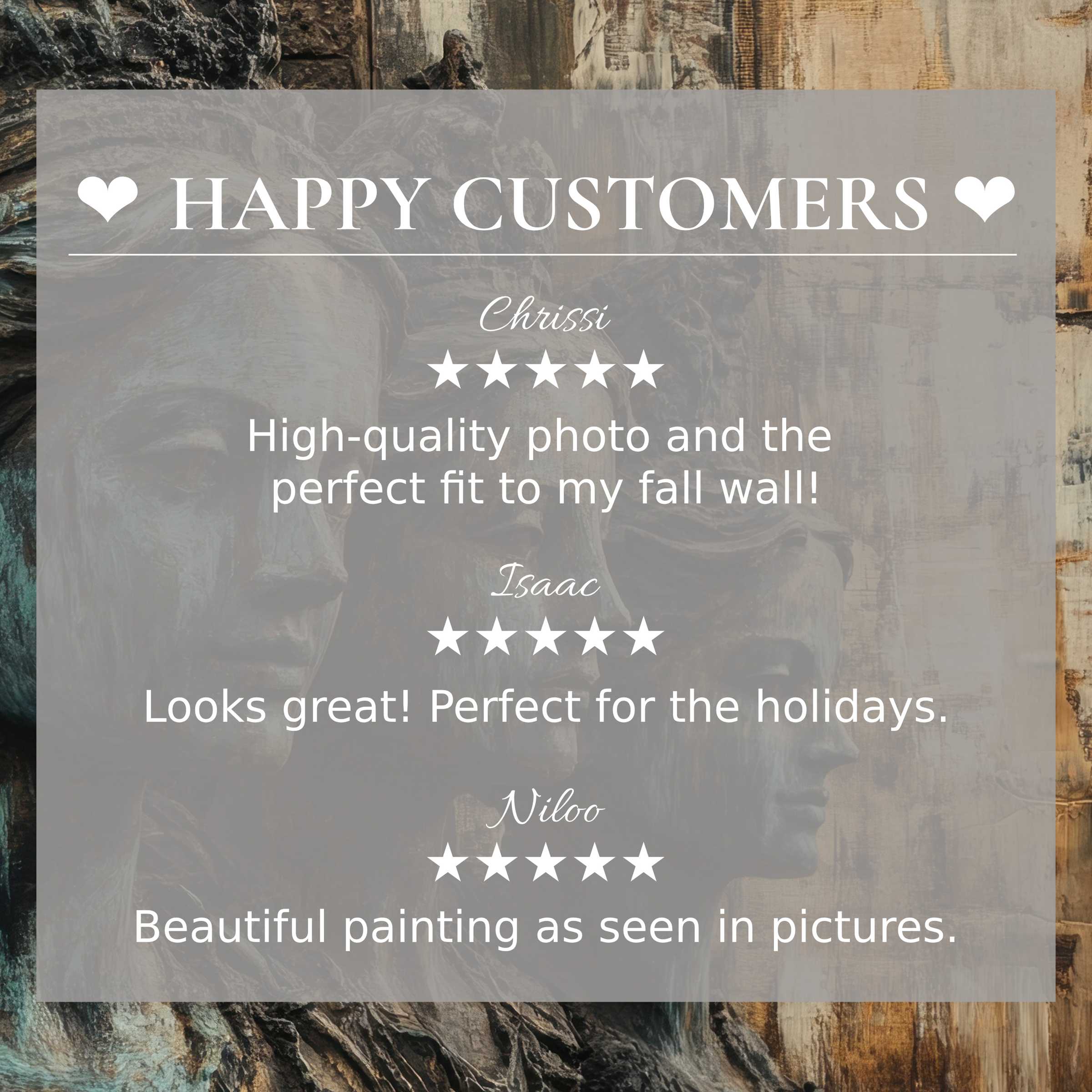 Boho art for Frame TV with abstract earthy tones, showcasing happy customer reviews and elegant decor appeal