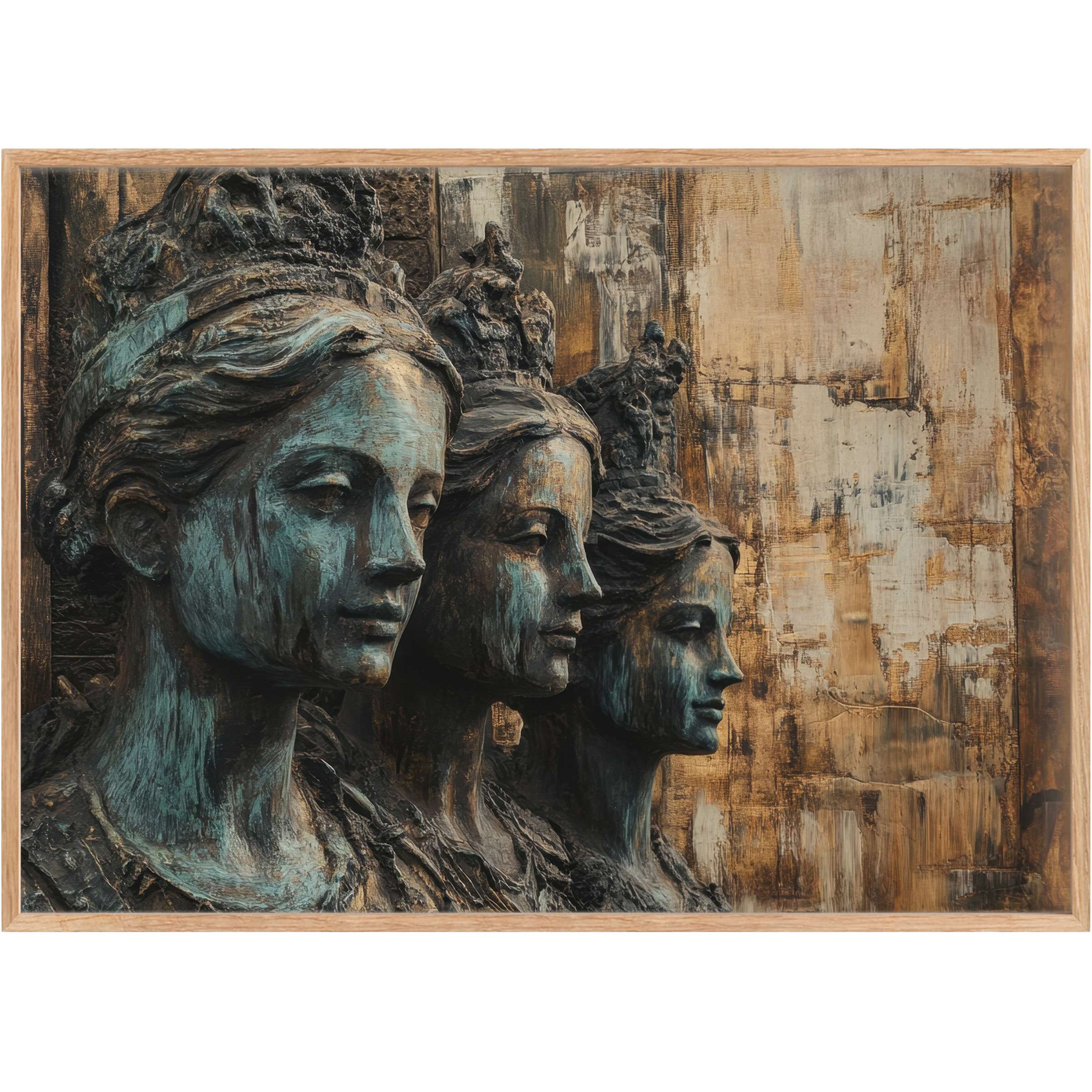 Majestic boho printable wall art featuring serene, timeless female busts in muted turquoise and warm ochre, evoking a regal, contemplative atmosphere