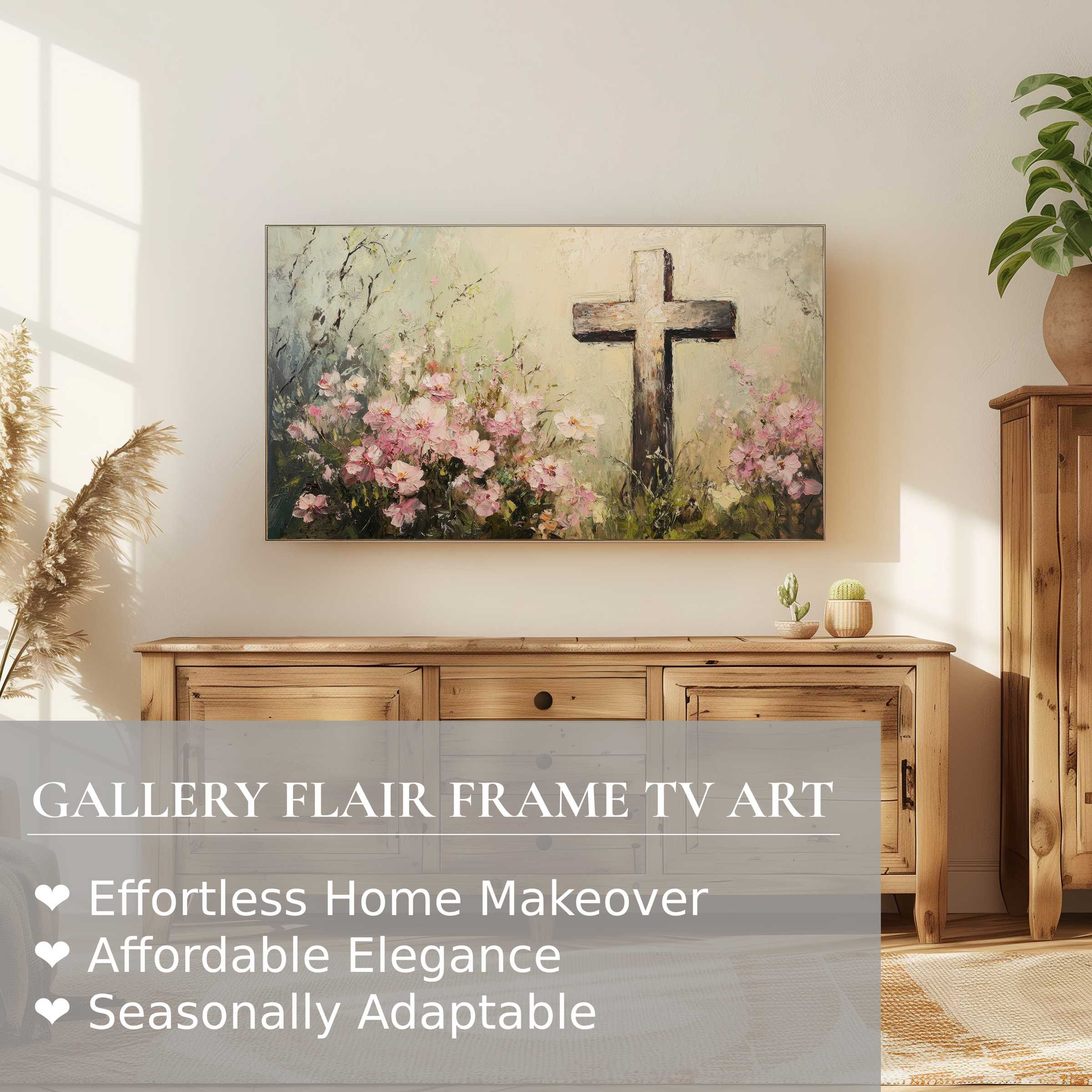 Elegant easter digital artwork with soft florals and cross on Samsung Frame TV in a warm, modern home setting