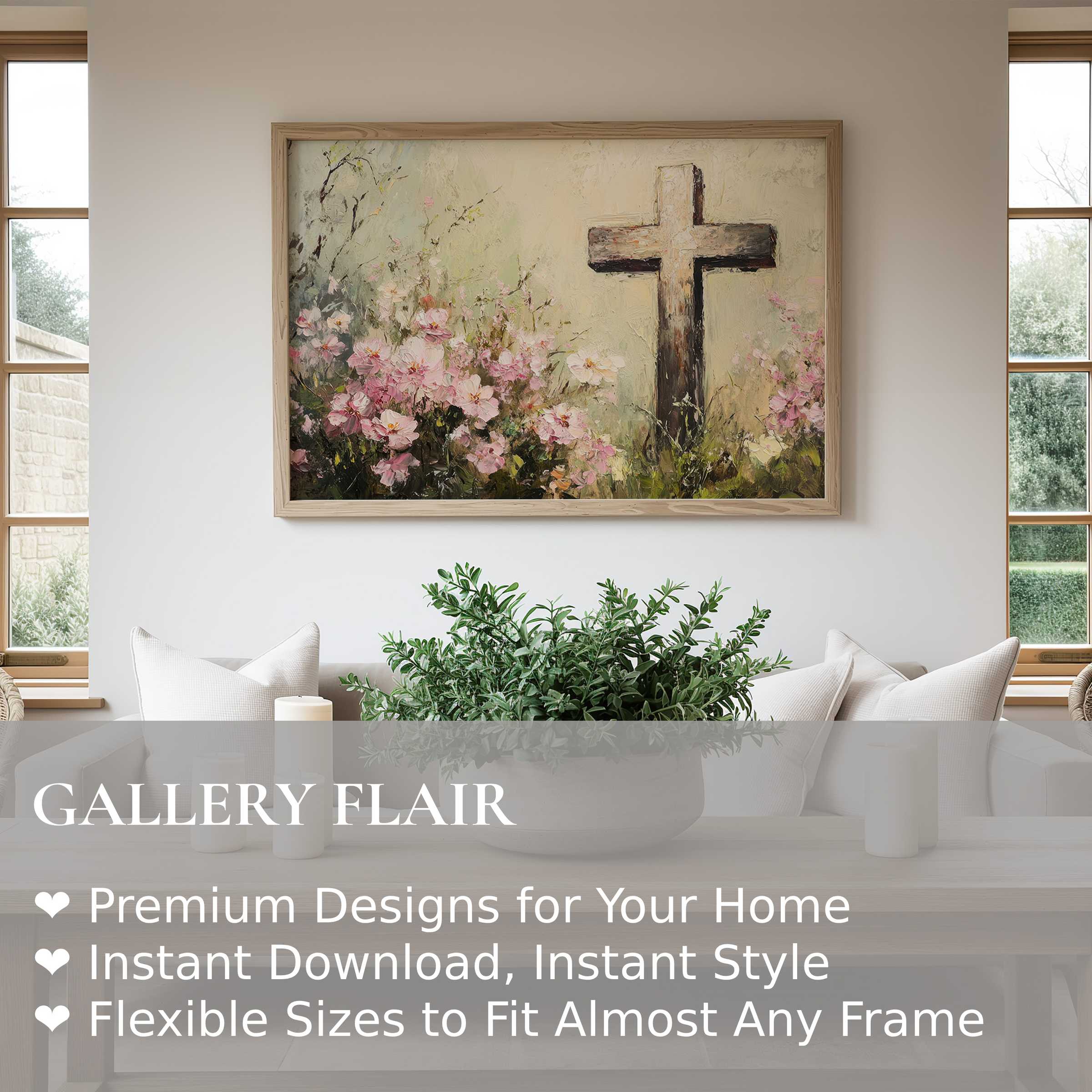 Easter wall art print featuring a serene rustic cross amid soft pink blooms, enhancing modern farmhouse interiors with calming grace