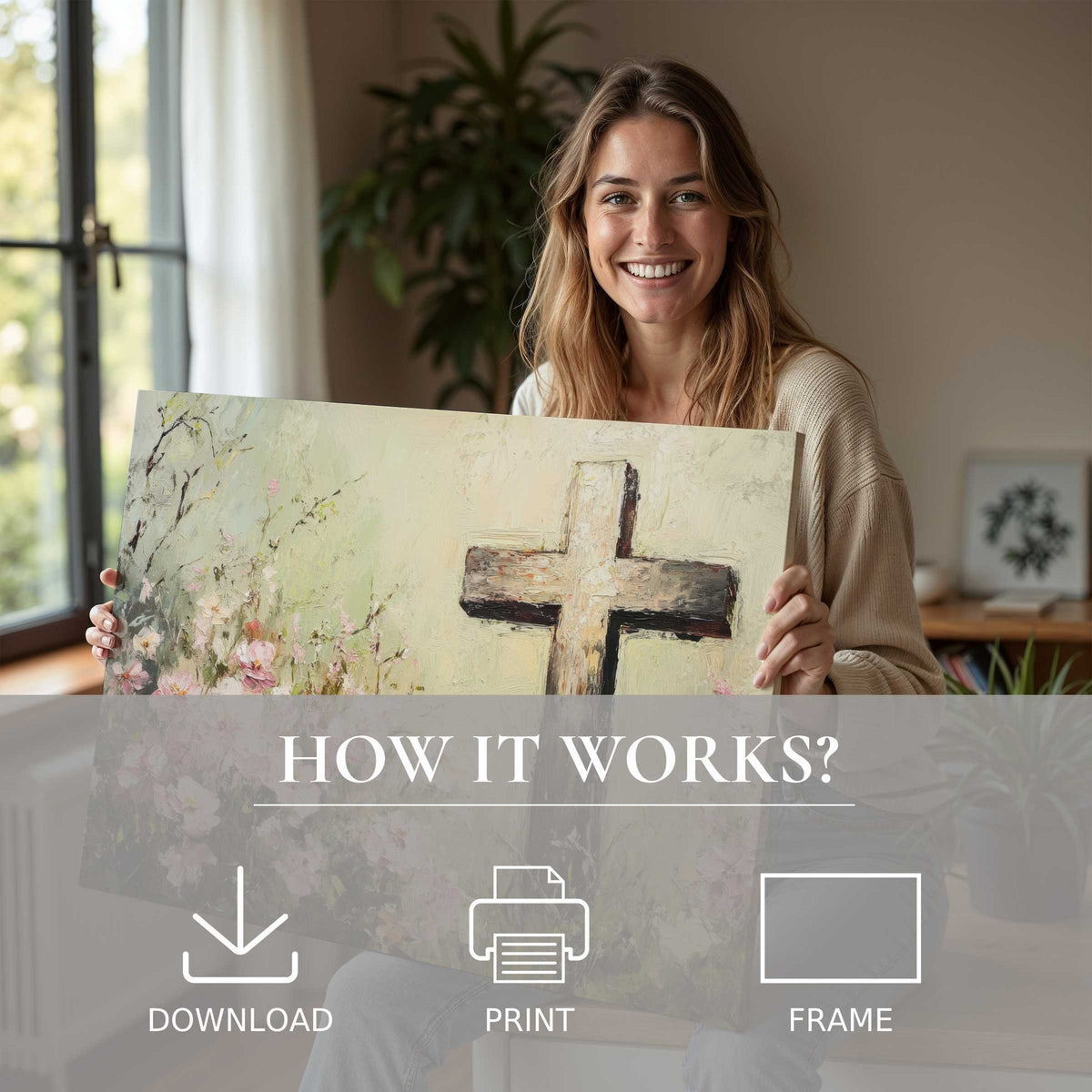 A serene moment of joy unveils the Easter digital art print, blending soft pastels and textured cross for elegant, effortless home style