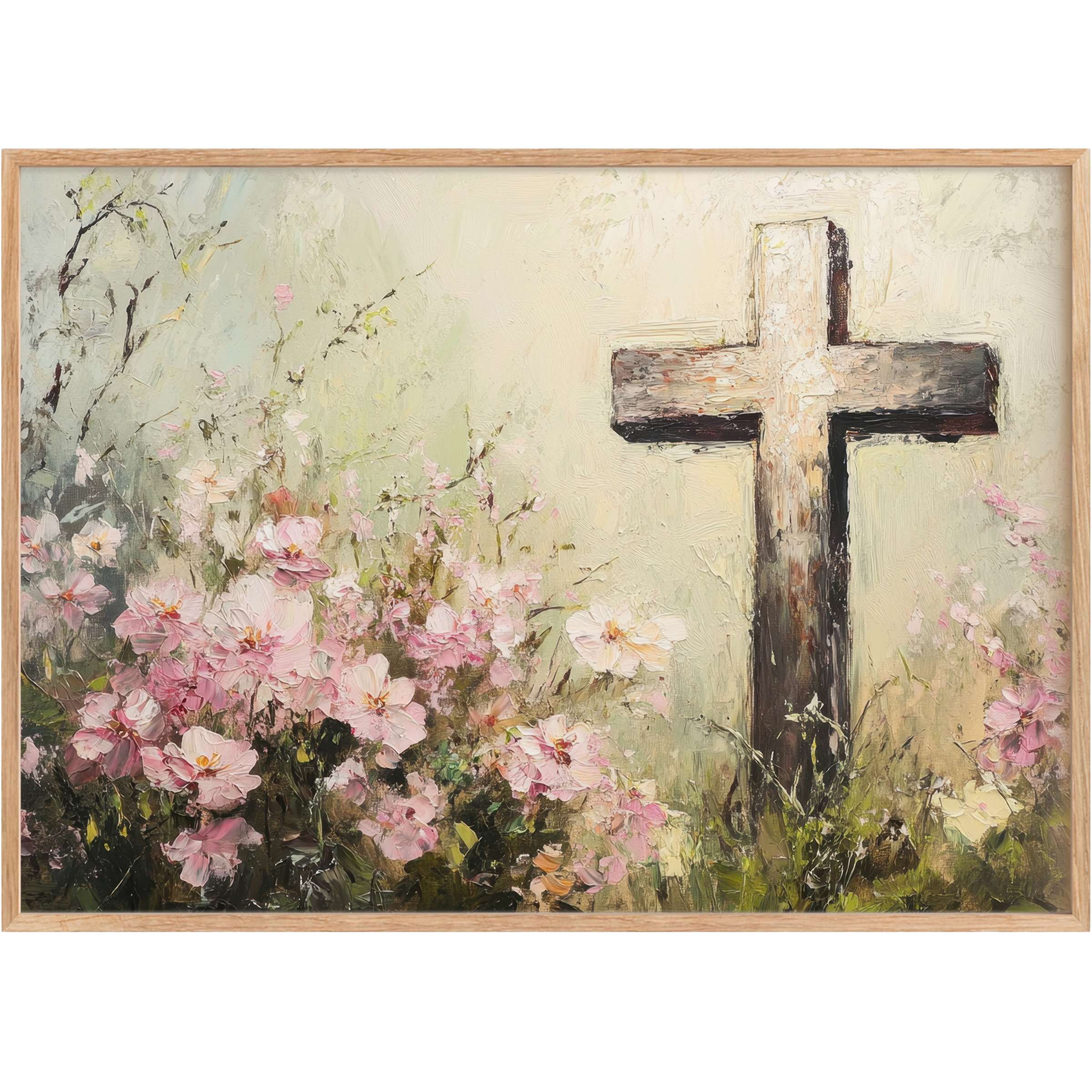 Easter printable wall art featuring a serene wooden cross amid soft pink blossoms, creating a tranquil, hopeful ambiance