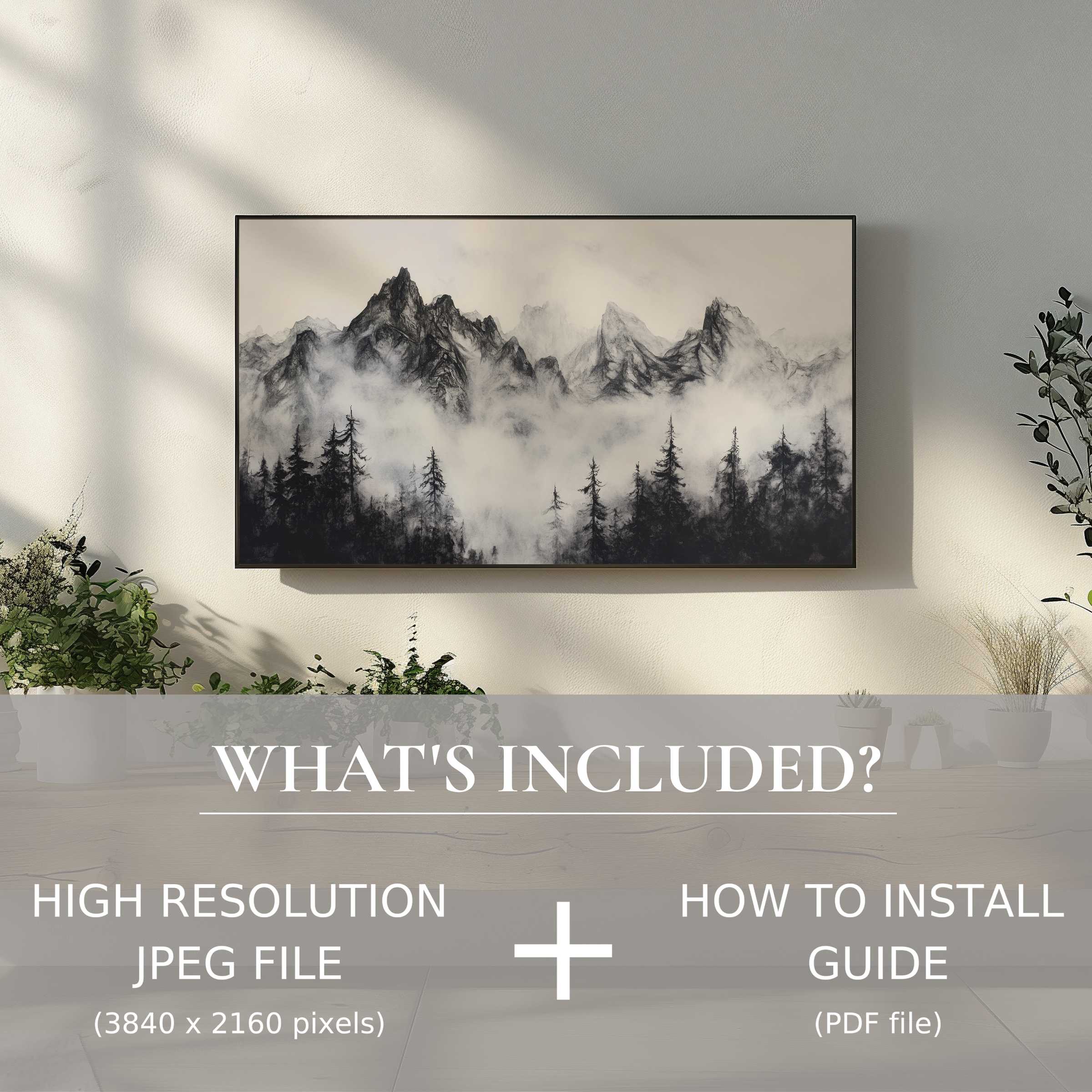 Elegant black and white digital TV art download, enhancing modern living spaces with easy digital use and style