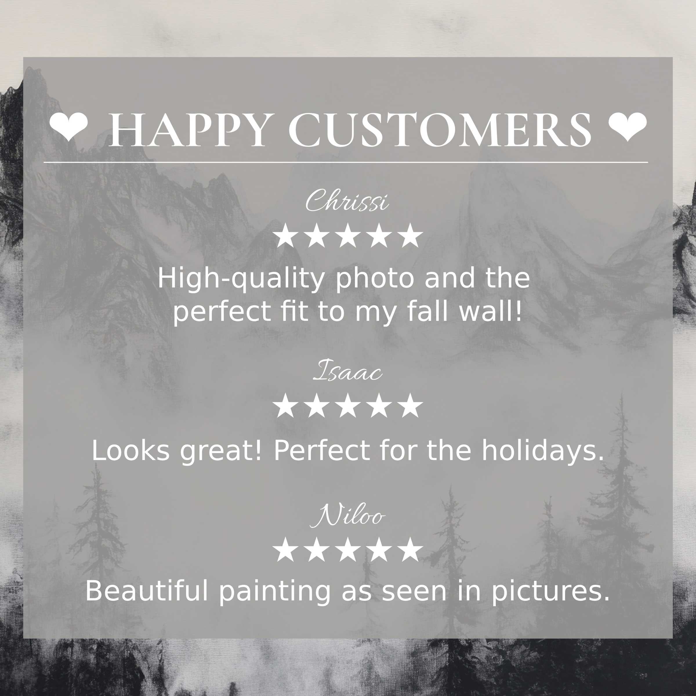 Black and white art for Frame TV with misty mountain background, happy customer reviews build trust and elegance