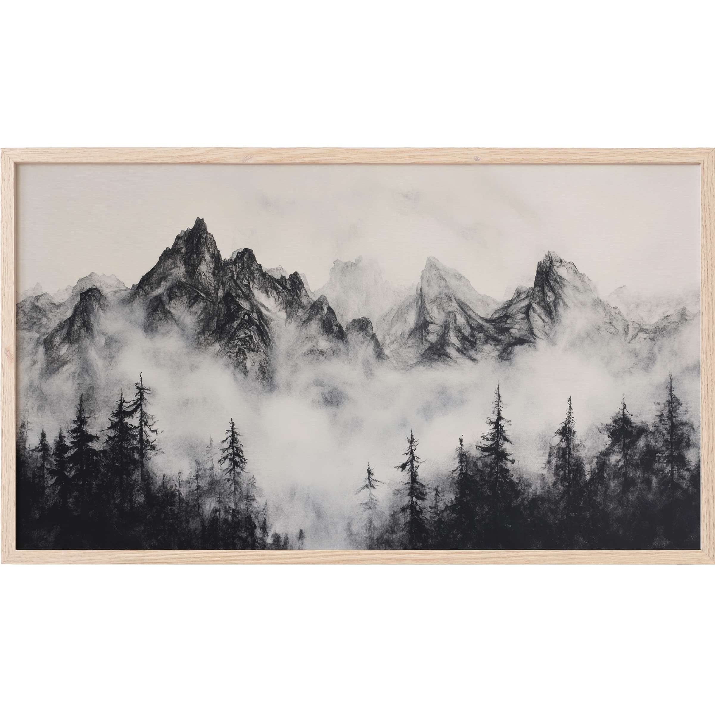 Black and white Frame TV Art of misty mountains and pine trees, blending soft grayscale tones with modern elegance