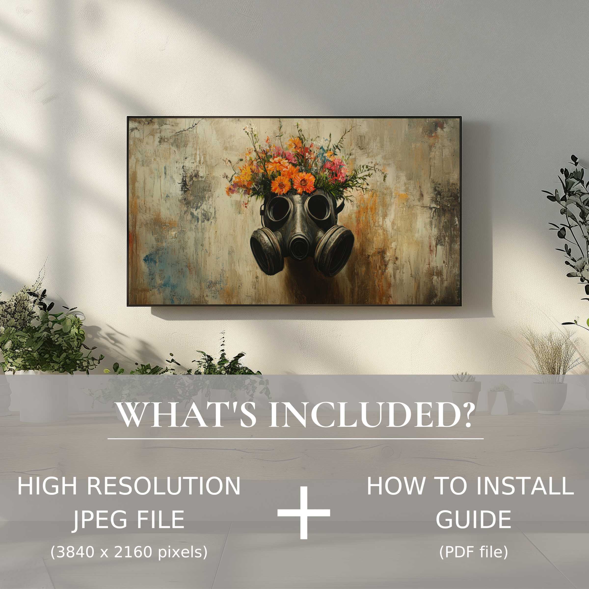 Elegant street art digital TV art download enhances modern living spaces with easy, stylish digital use and vibrant floral gas mask design