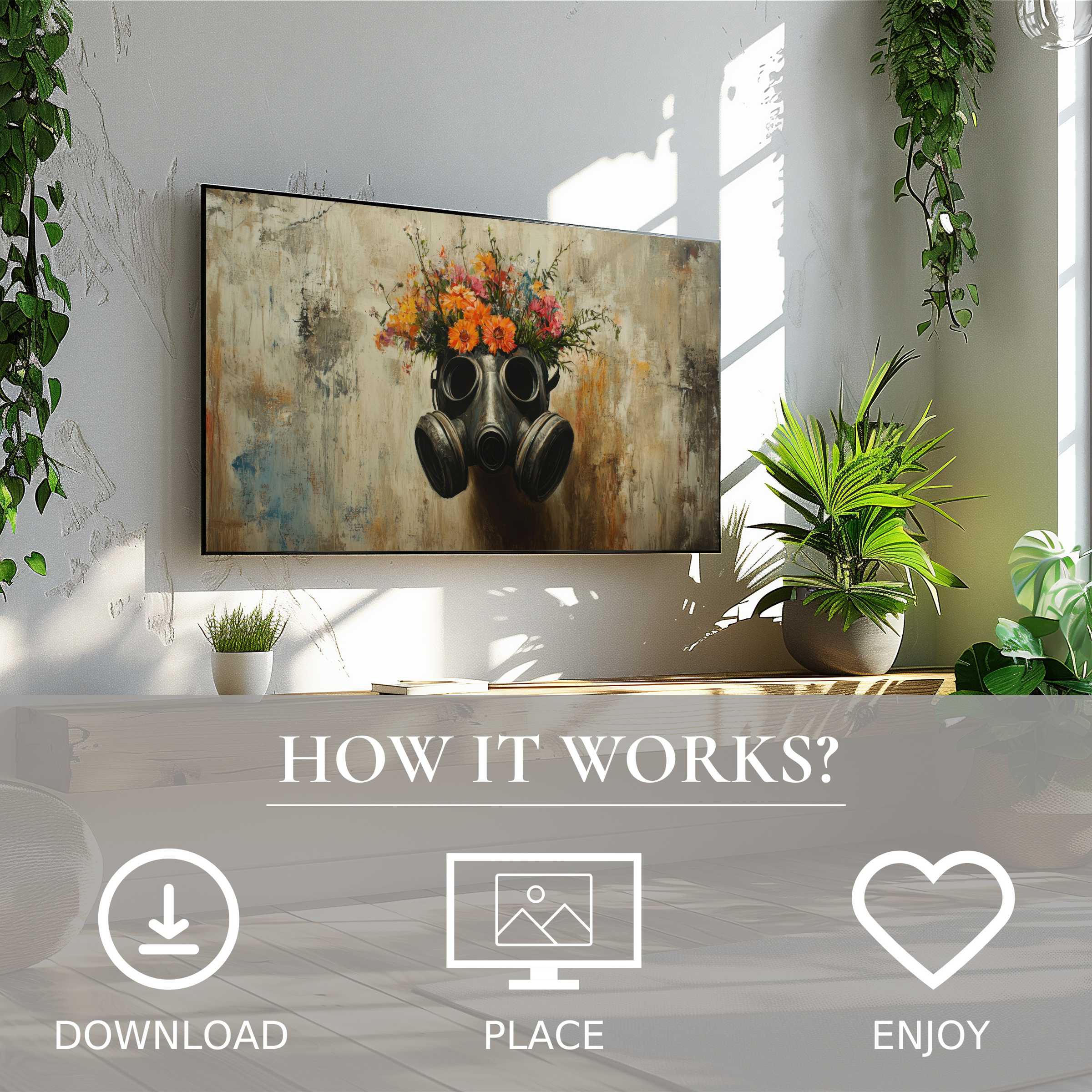 Modern living room with green plants, street art for Samsung TV showing floral gas mask motif; easy digital download for decor