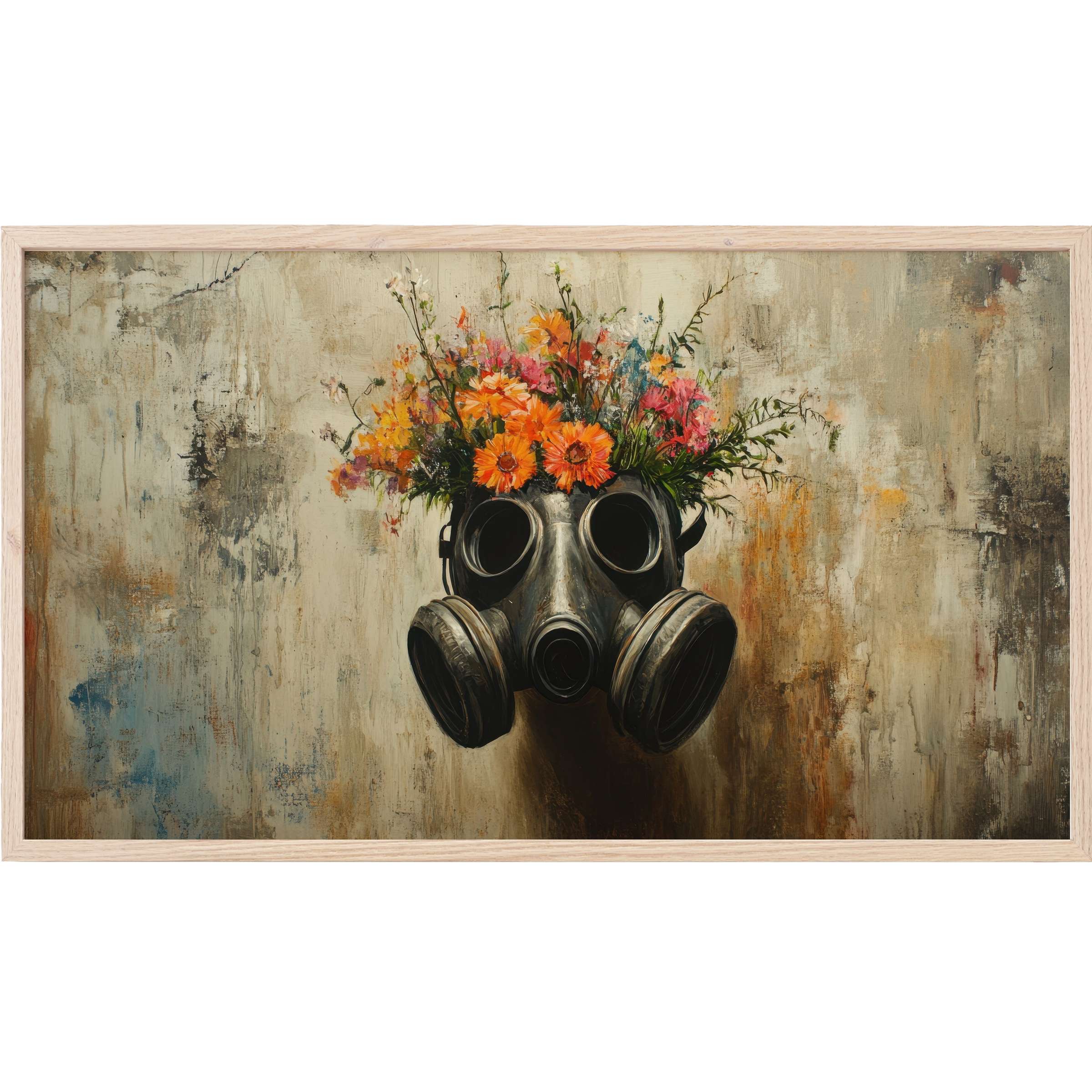 Bold street art Frame TV Art of a dark gas mask blooming with vibrant orange and pink flowers on textured beige