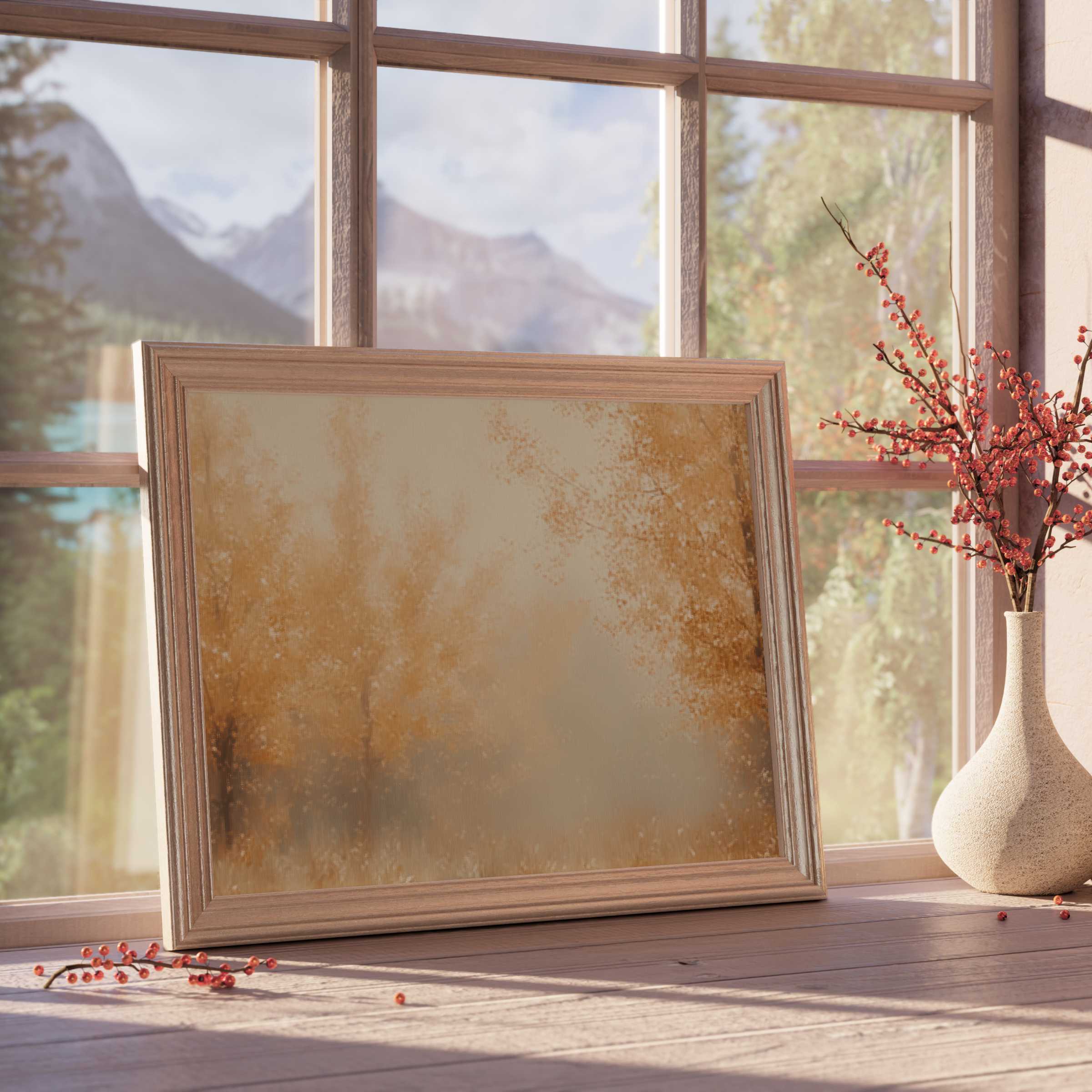 Warm, tranquil fall downloadable art framed in soft wood, elevating curated interiors with rustic charm and serene autumnal elegance