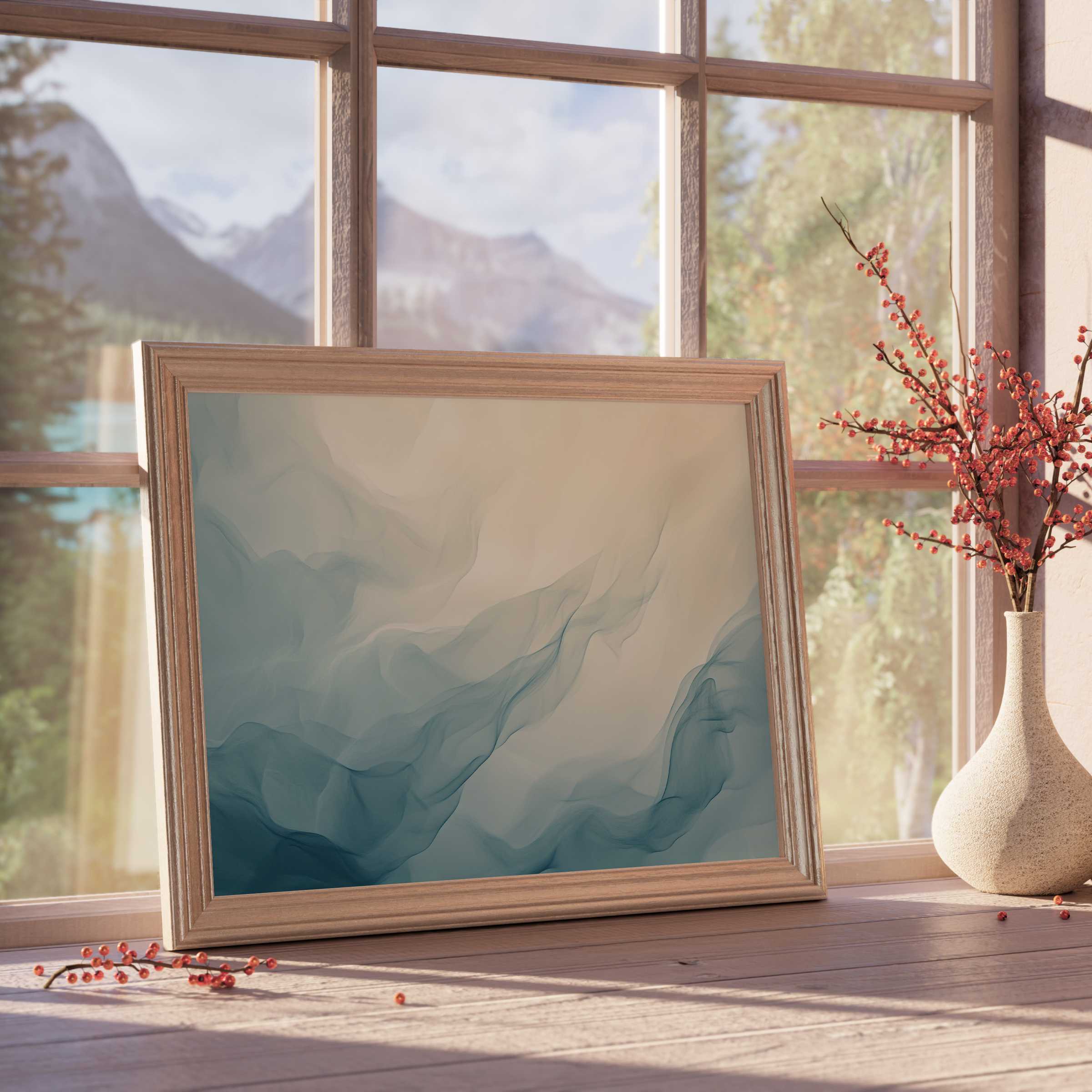 Serene abstract downloadable art in soft blues and creams, elevating tranquil, curated interiors with modern elegance