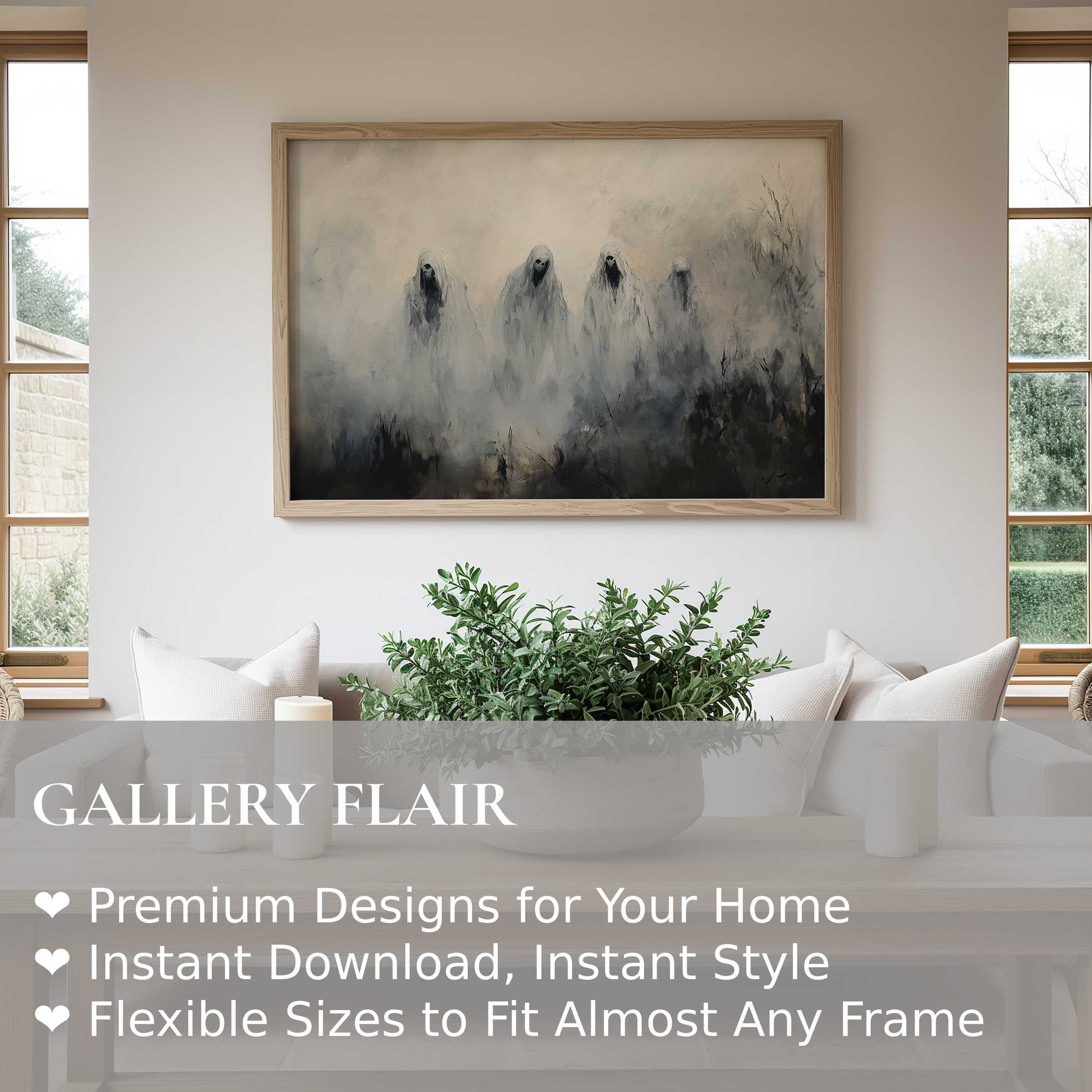 Halloween wall art print featuring ethereal ghost figures in misty greys and blacks, enhancing modern minimalist interiors with bold, haunting elegance