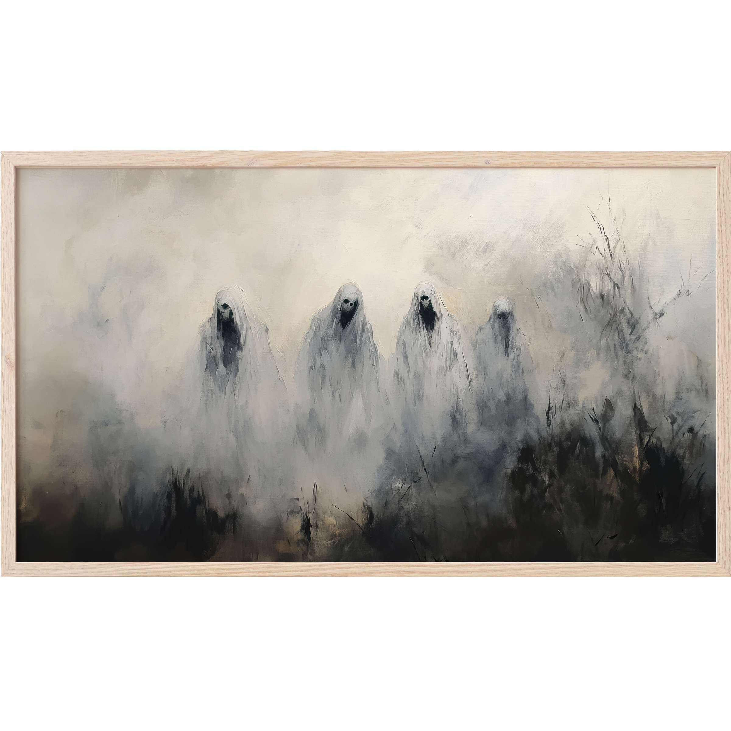 Ethereal ghost figures in muted grays and whites emerge through mist in this haunting halloween Frame TV Art