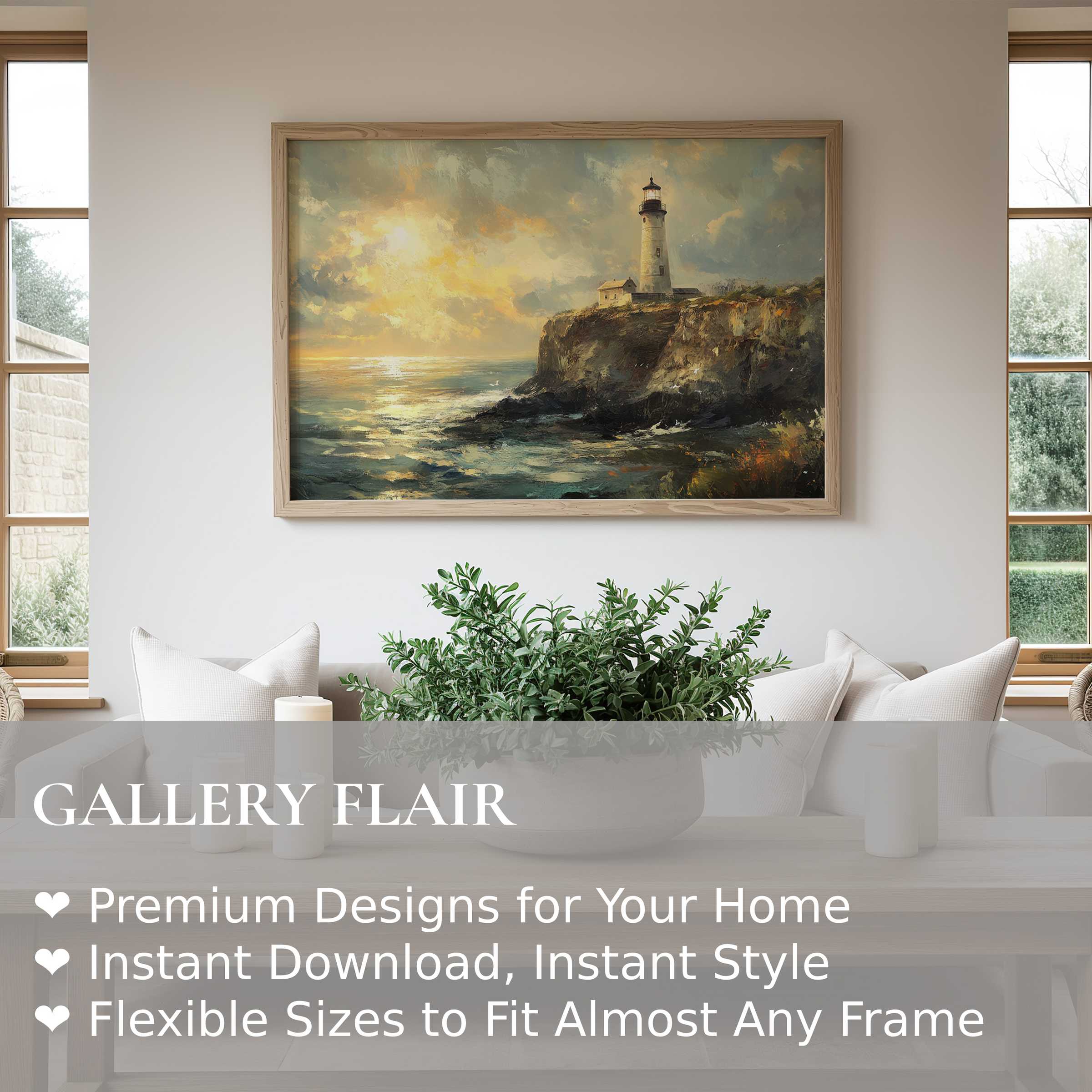 Radiant beach wall art print featuring a serene lighthouse at sunset, enhancing modern coastal interiors with calming, elegant charm