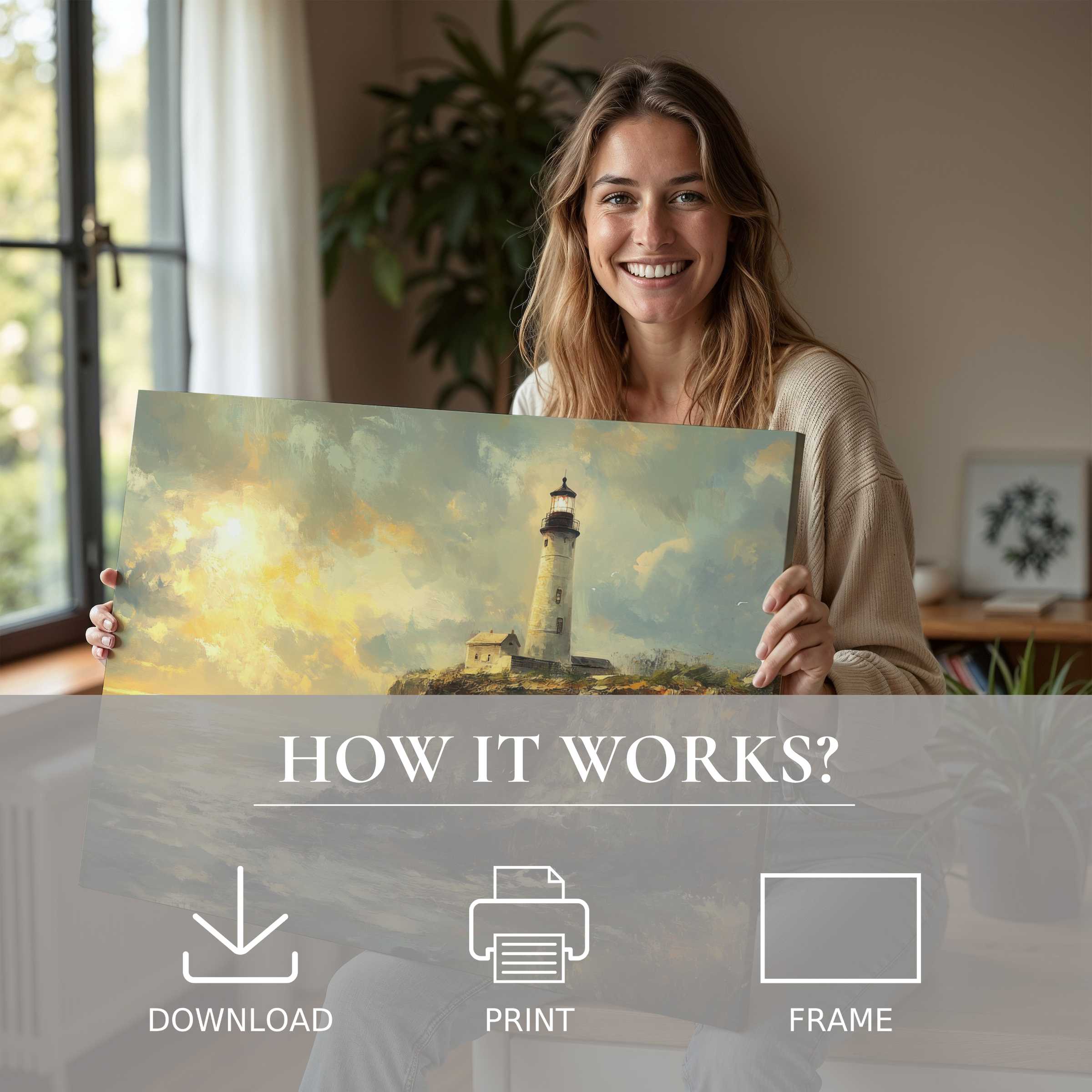 Radiant beach digital art print evokes serene coastal light, transforming stylish modern spaces with effortless elegance and joy