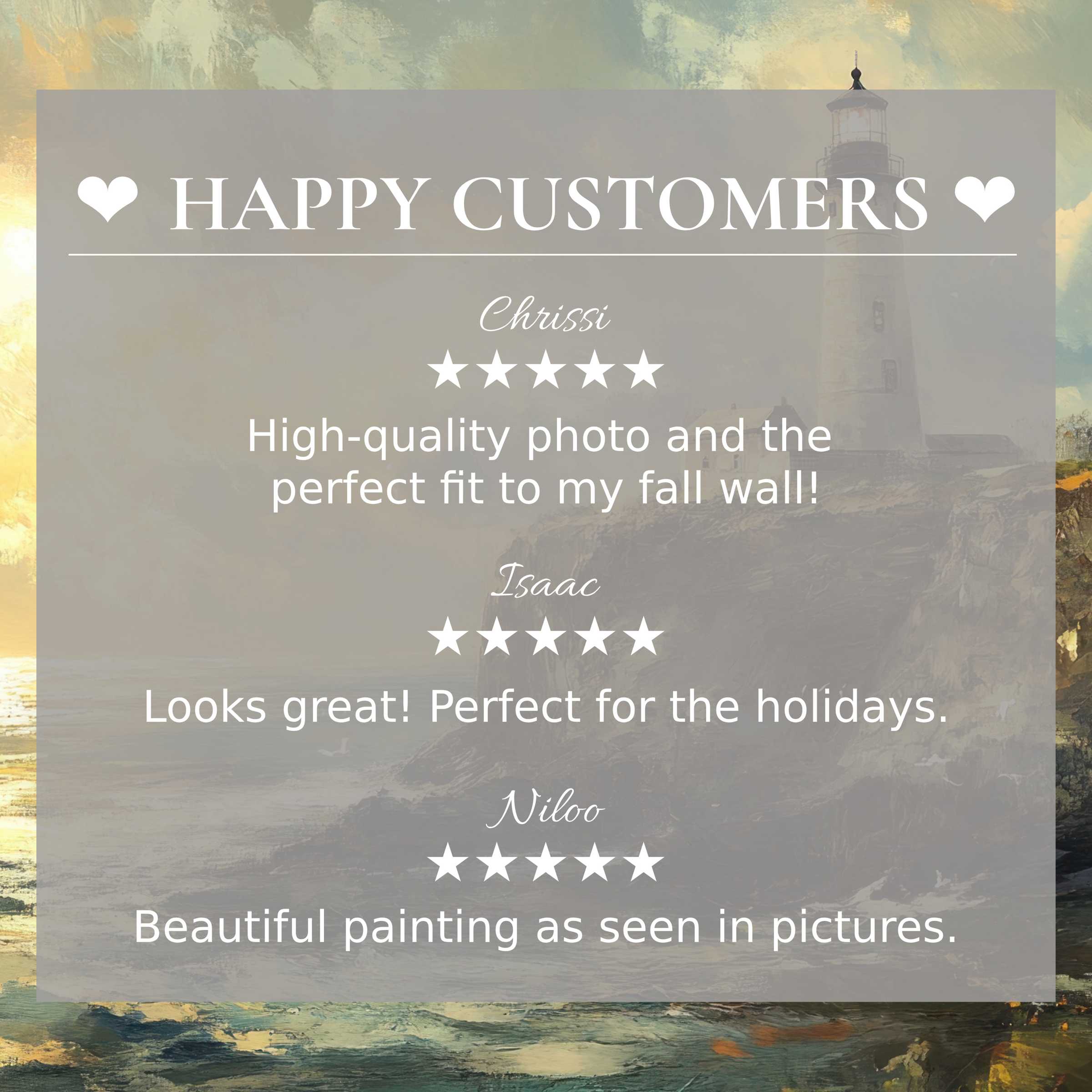 Beach art for Frame TV with an abstract sunset lighthouse background and happy customer reviews building trust