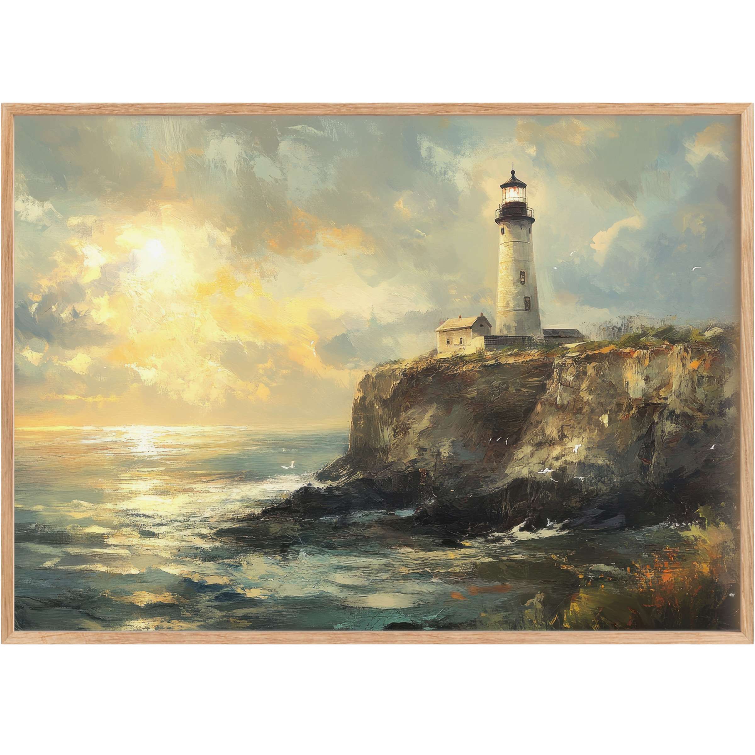 Serene beach printable wall art capturing a radiant lighthouse at sunset, infusing interiors with tranquil golds and deep ocean blues