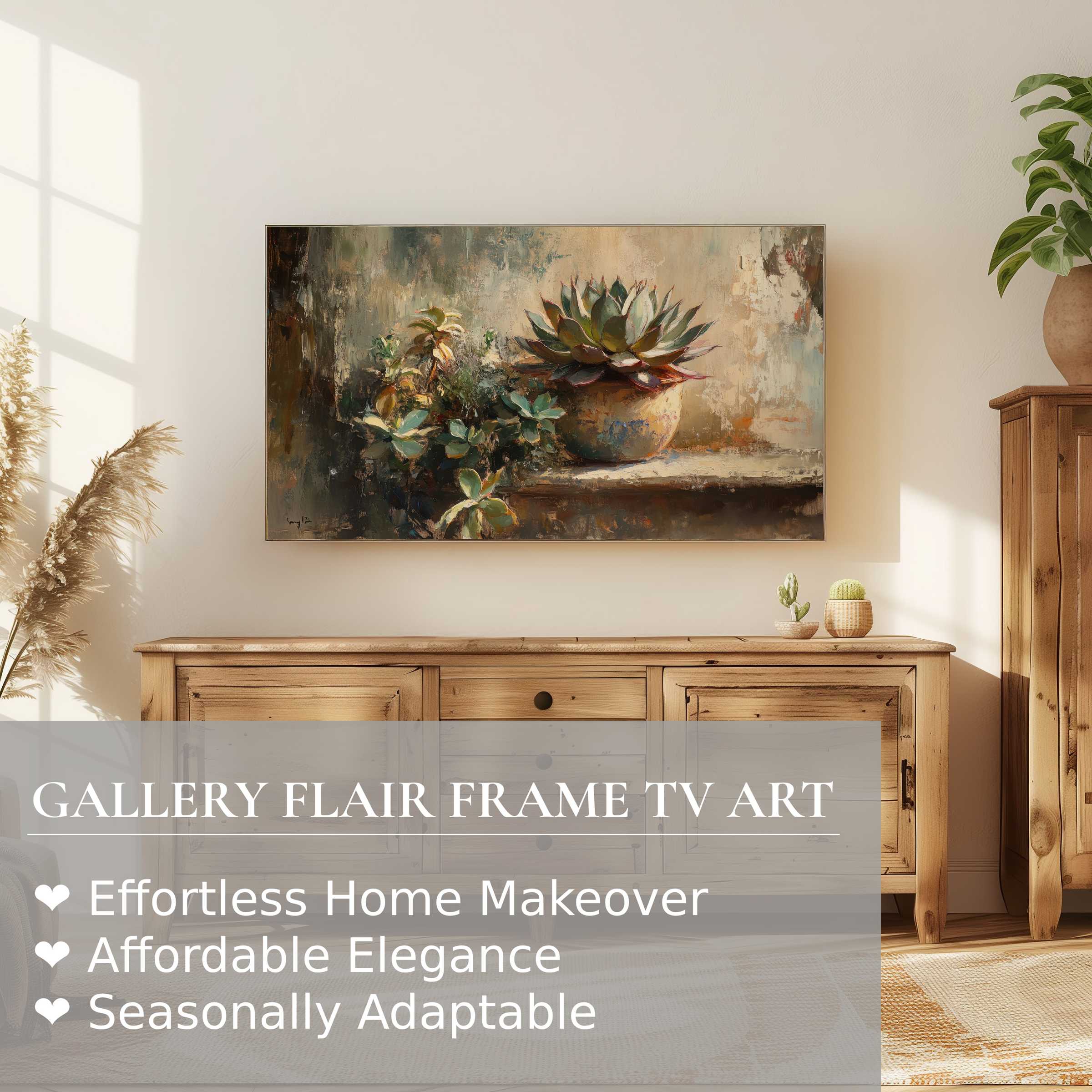 Modern living room with Samsung Frame TV displaying botanical digital artwork of succulents in warm tones