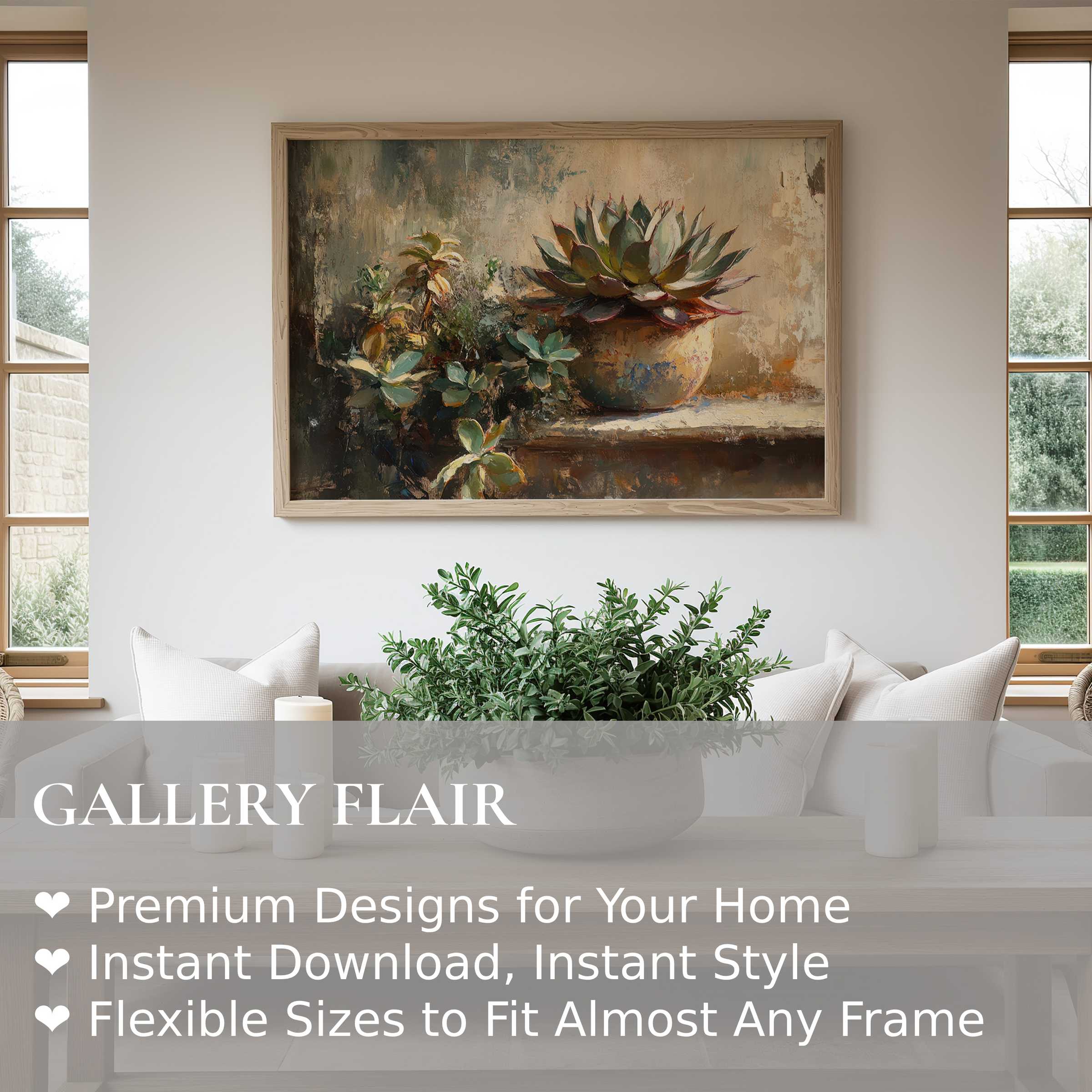 Botanical wall art print featuring textured succulents in warm earth tones, enhancing serene modern farmhouse interiors with natural elegance