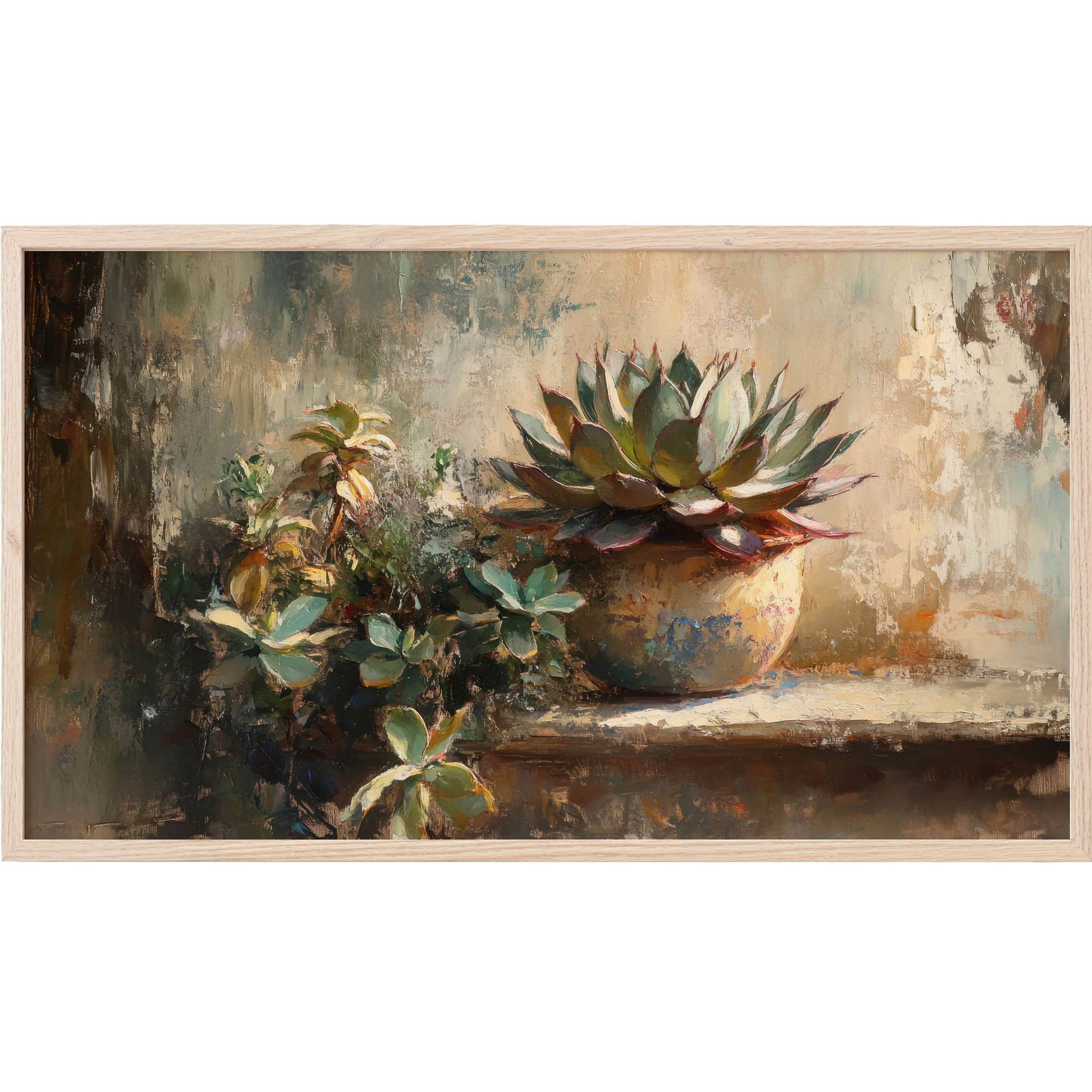 Botanical Frame TV Art depicting lush succulents in rustic pots with earthy, muted greens and warm, textured brushstrokes