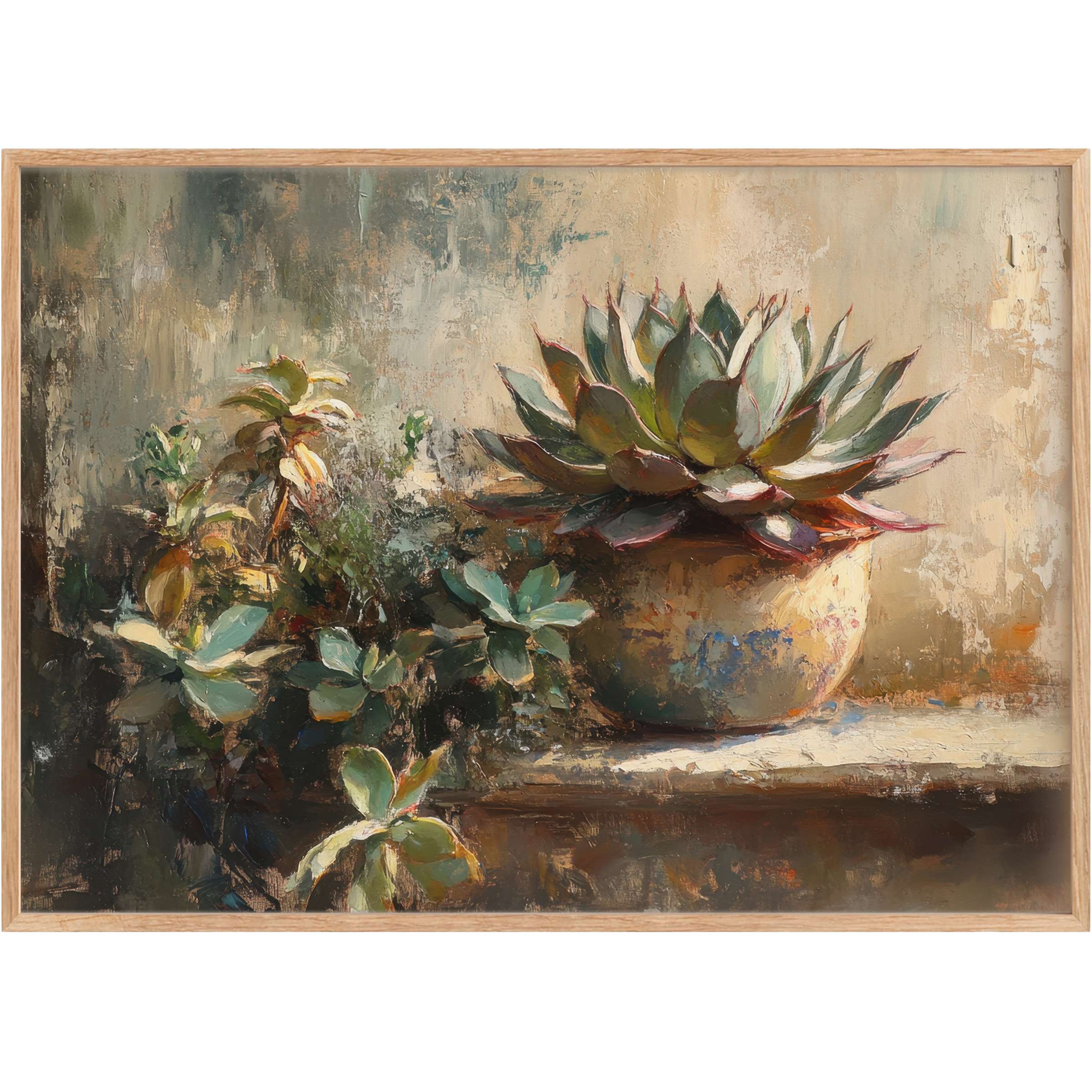 Botanical printable wall art featuring lush succulents in earthy greens and warm ambers, evoking a serene, timeless elegance