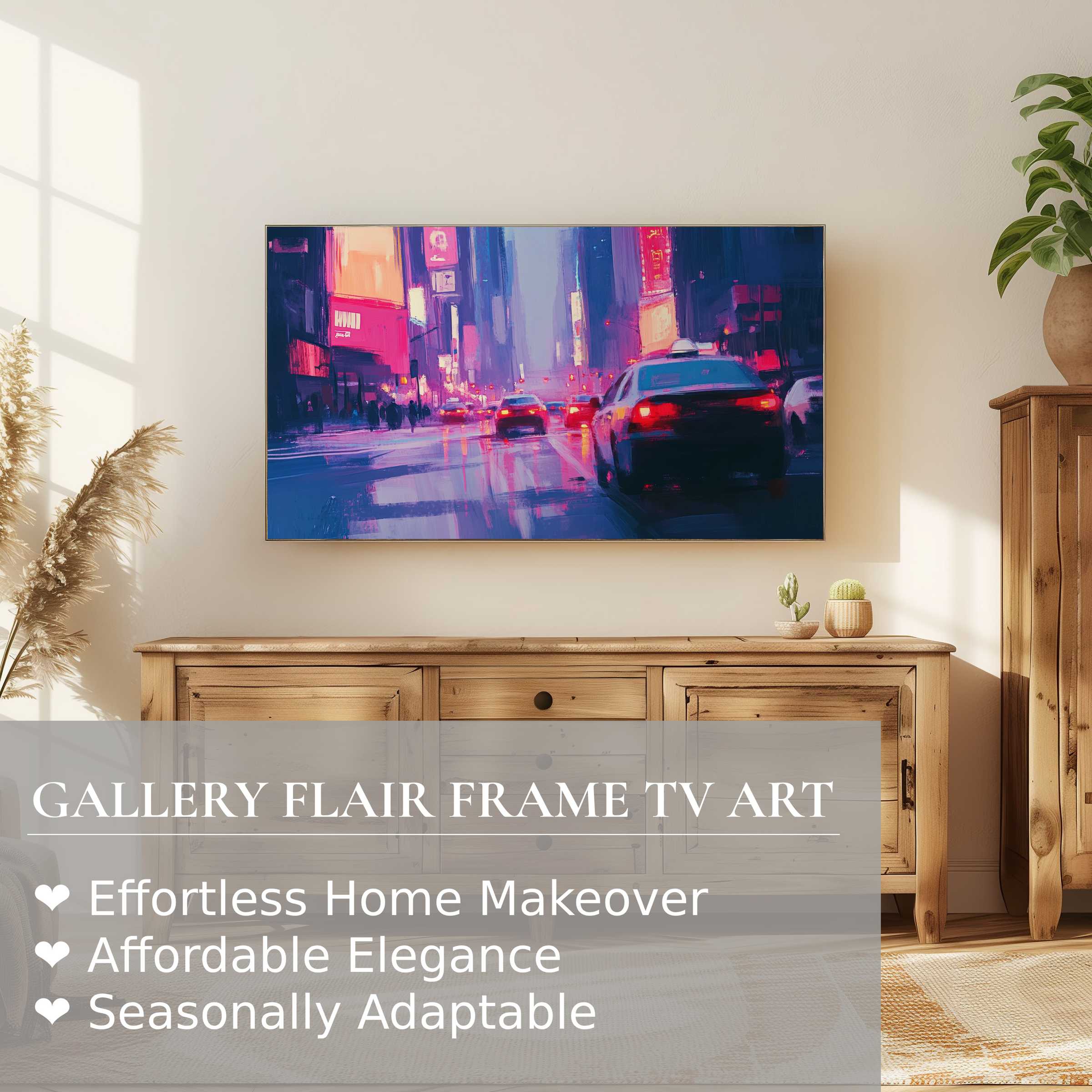 Samsung Frame TV displays vibrant urban digital artwork, blending modern cityscape hues with elegant home decor